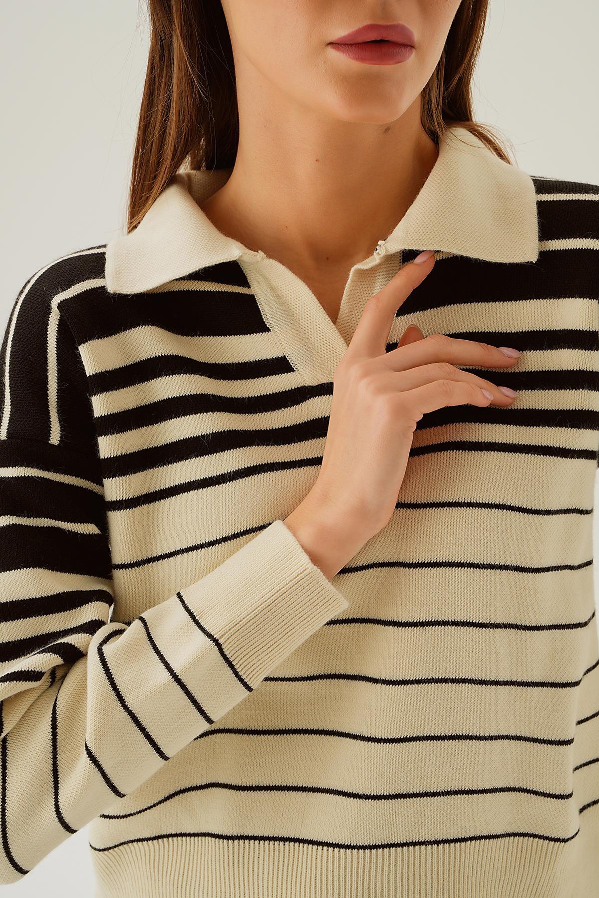Krem Polo Yaka Çizgili Kazak 3020 - 5
