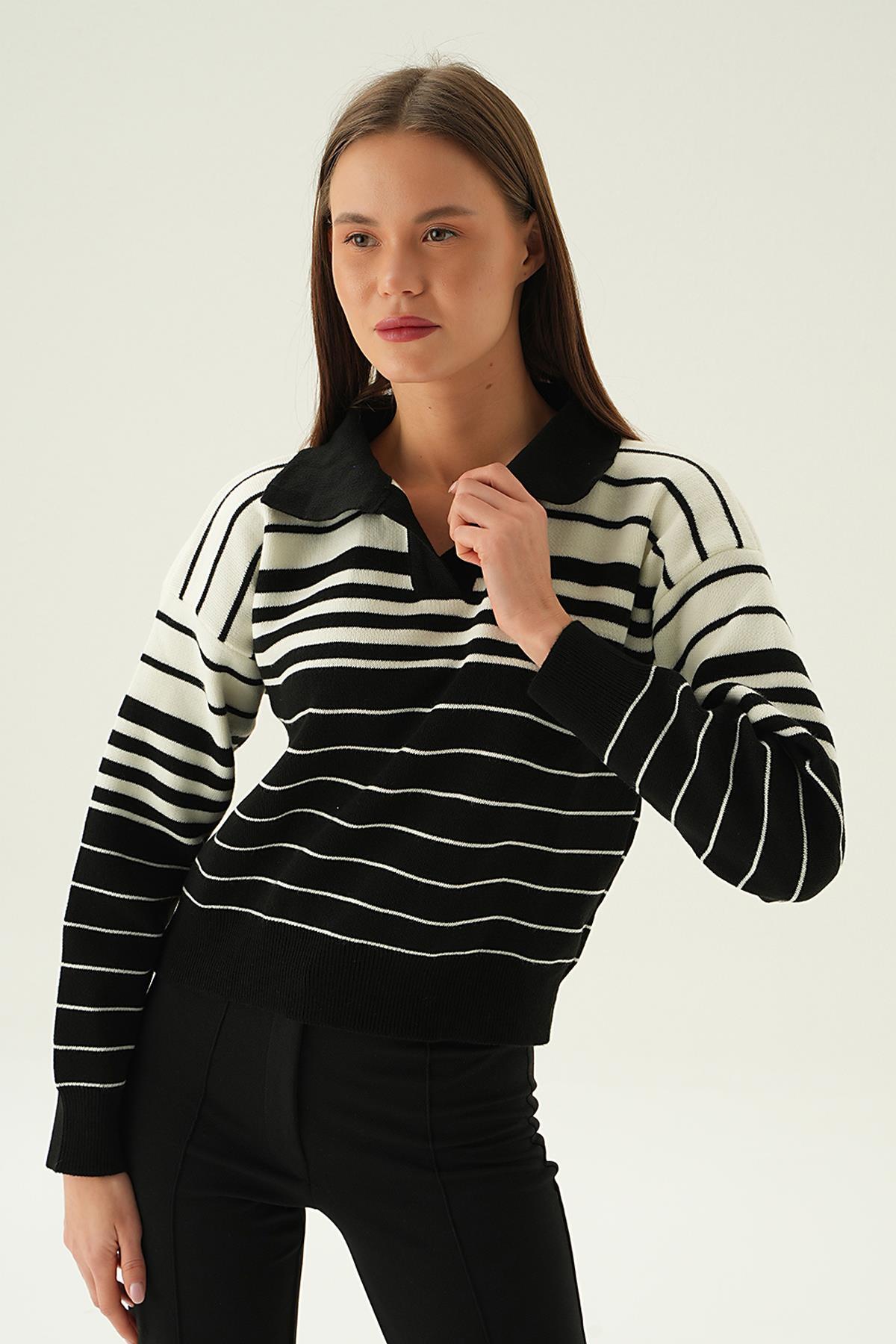 3020 Polo Yaka Çizgili Kazak Siyah - 3