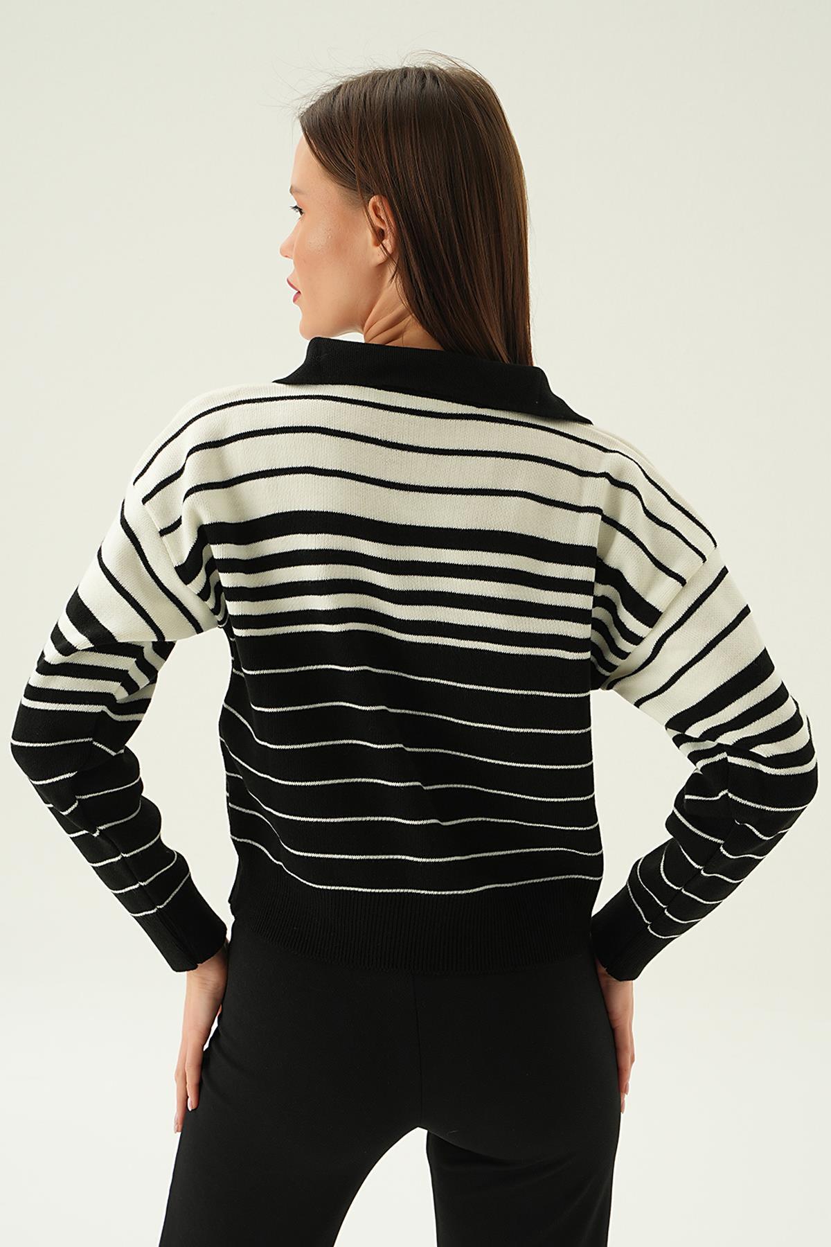 3020 Polo Yaka Çizgili Kazak Siyah - 4