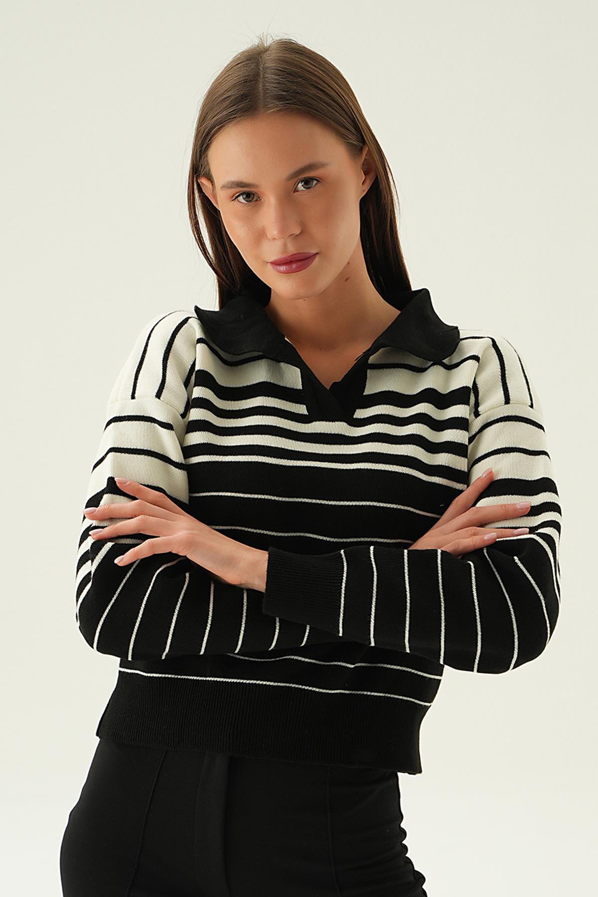 3020 Polo Yaka Çizgili Kazak Siyah 