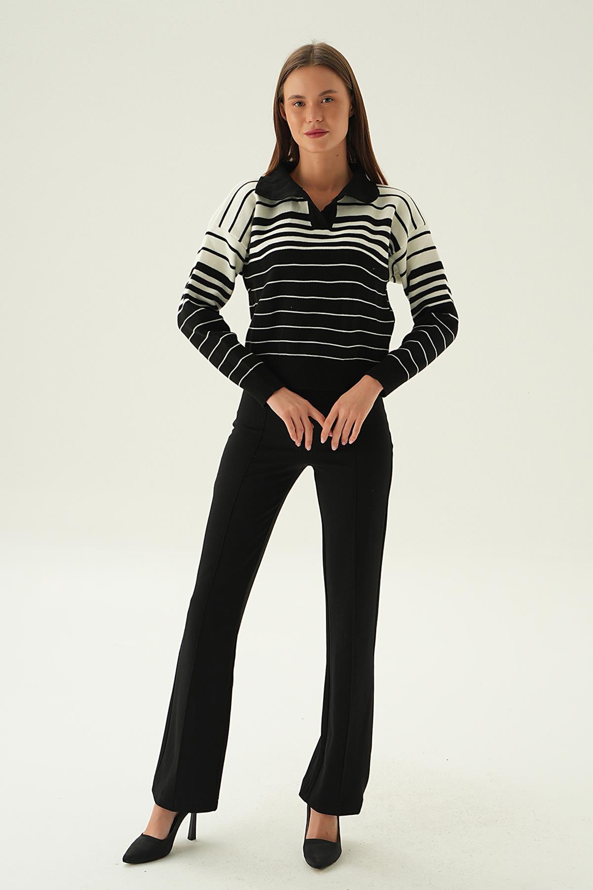 3020 Polo Yaka Çizgili Kazak Siyah - 2