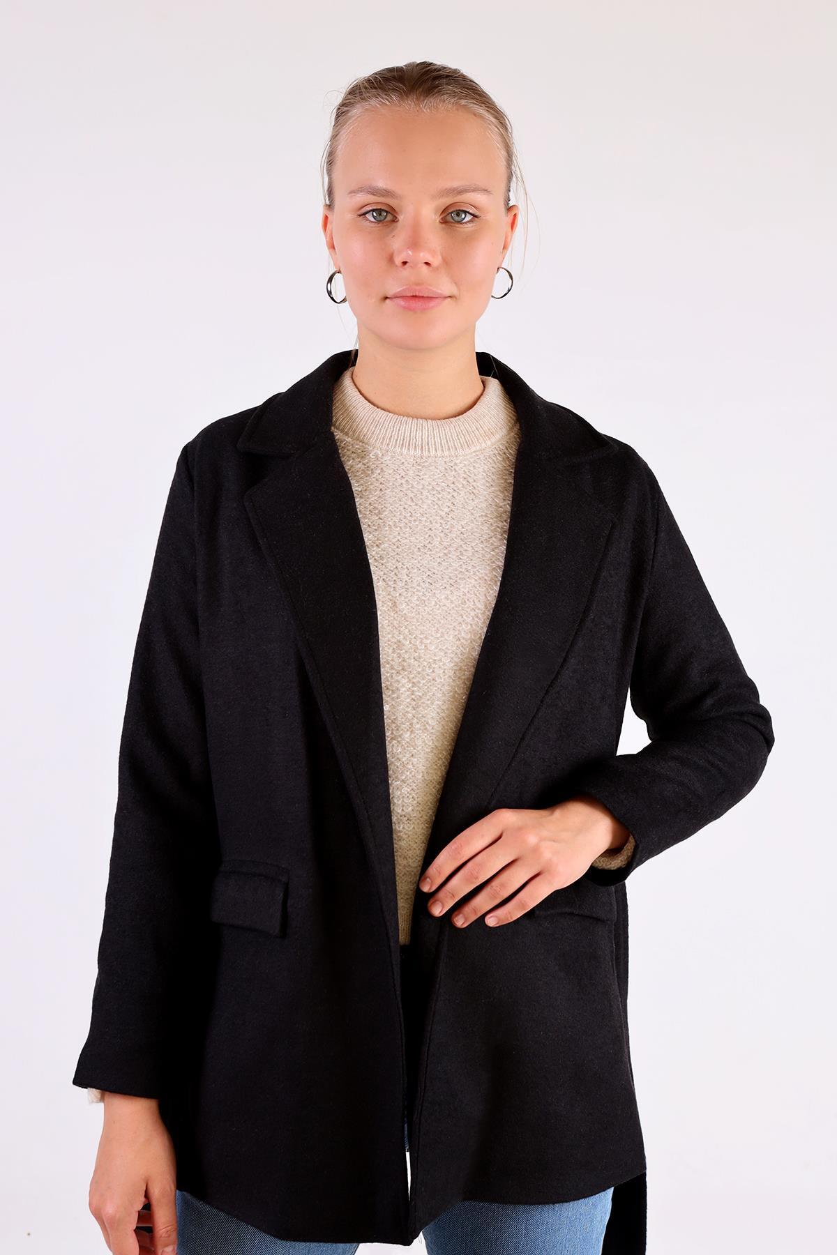 Siyah Ön Çift Cepli Kaşe Kaban 3021A - 6