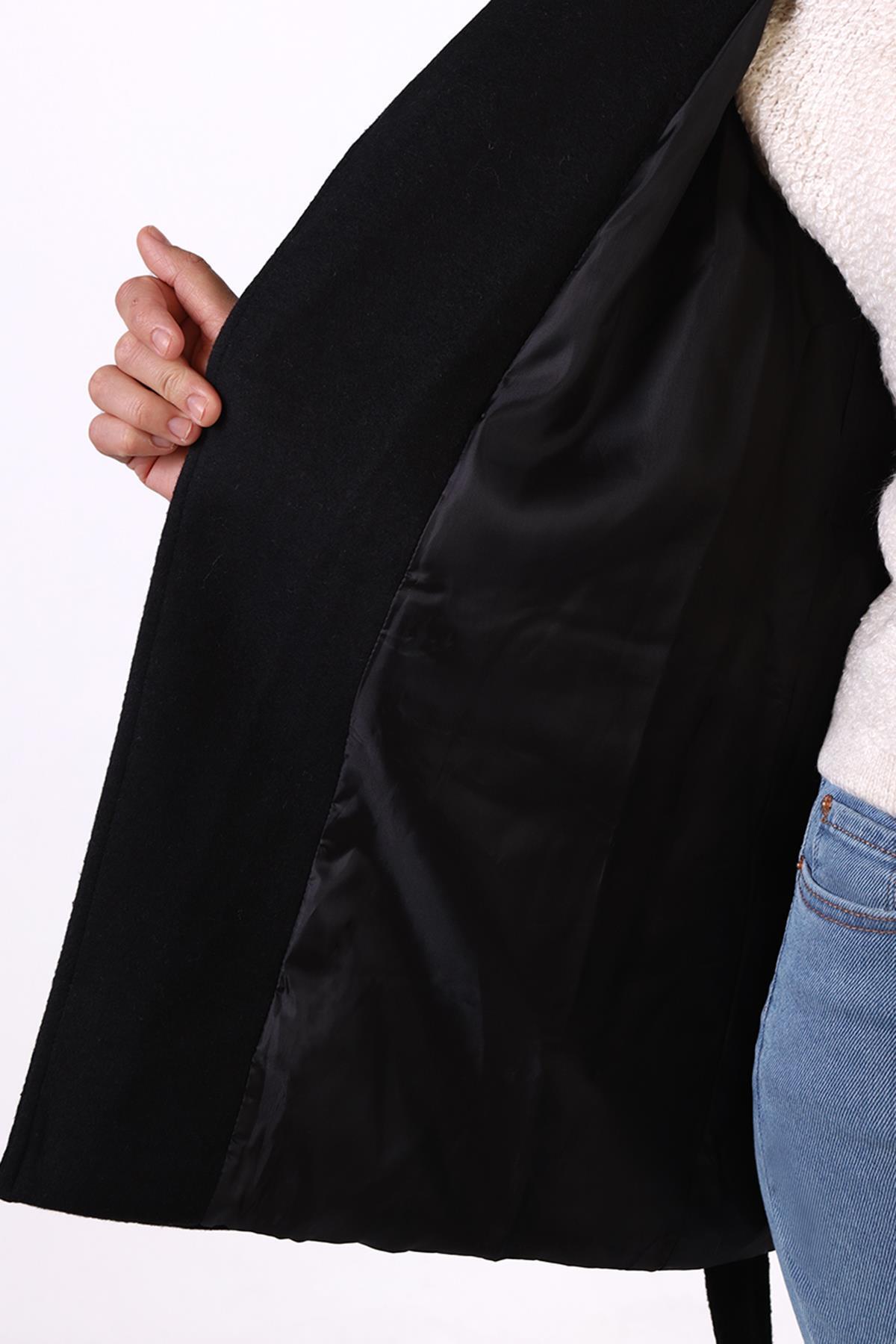 Siyah Ön Çift Cepli Kaşe Kaban 3021A - 8