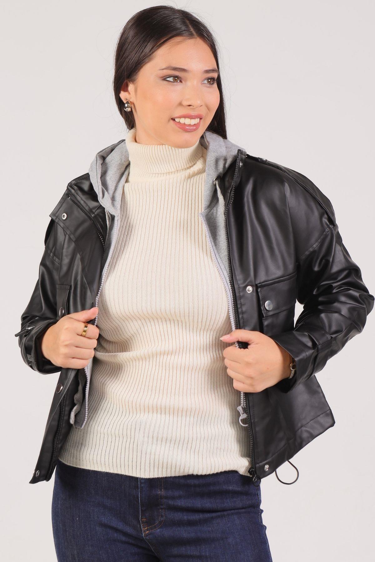 3022 Kapüşonlu Deri Ceket Siyah - 2