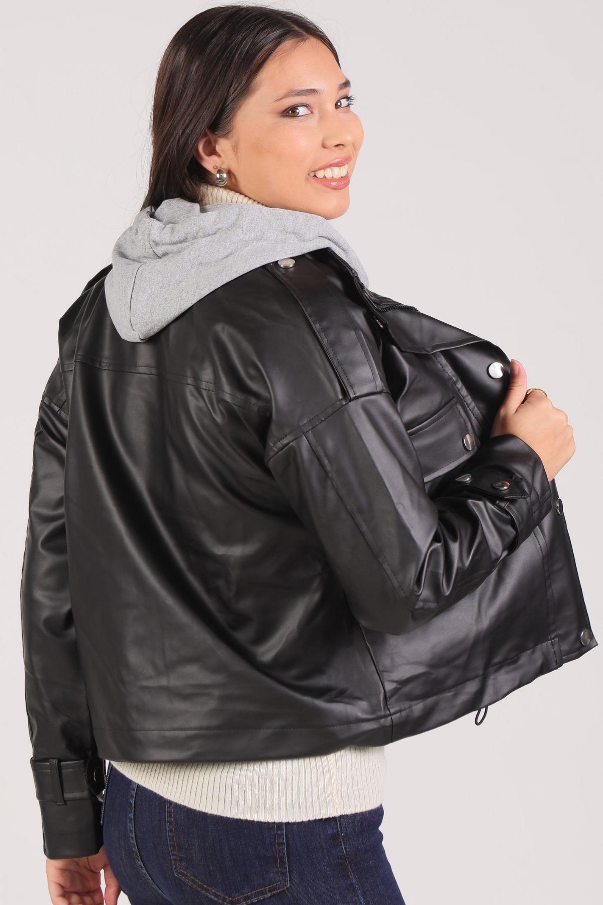 3022 Kapüşonlu Deri Ceket Siyah - 4
