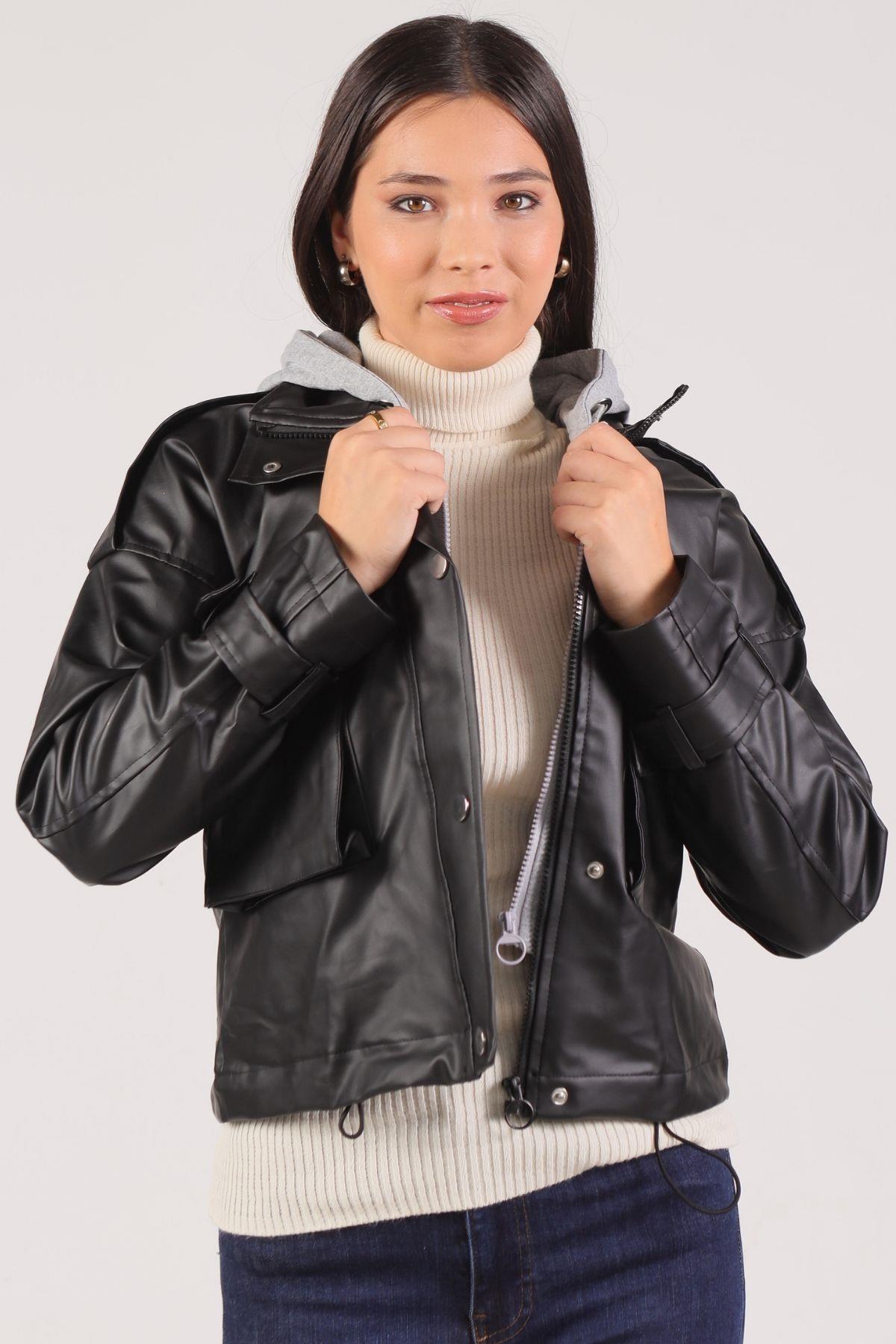 3022 Kapüşonlu Deri Ceket Siyah - 1