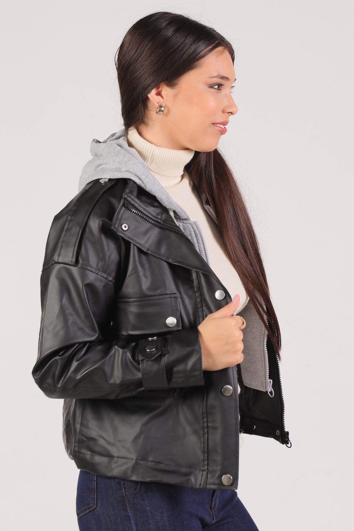 3022 Kapüşonlu Deri Ceket Siyah - 3