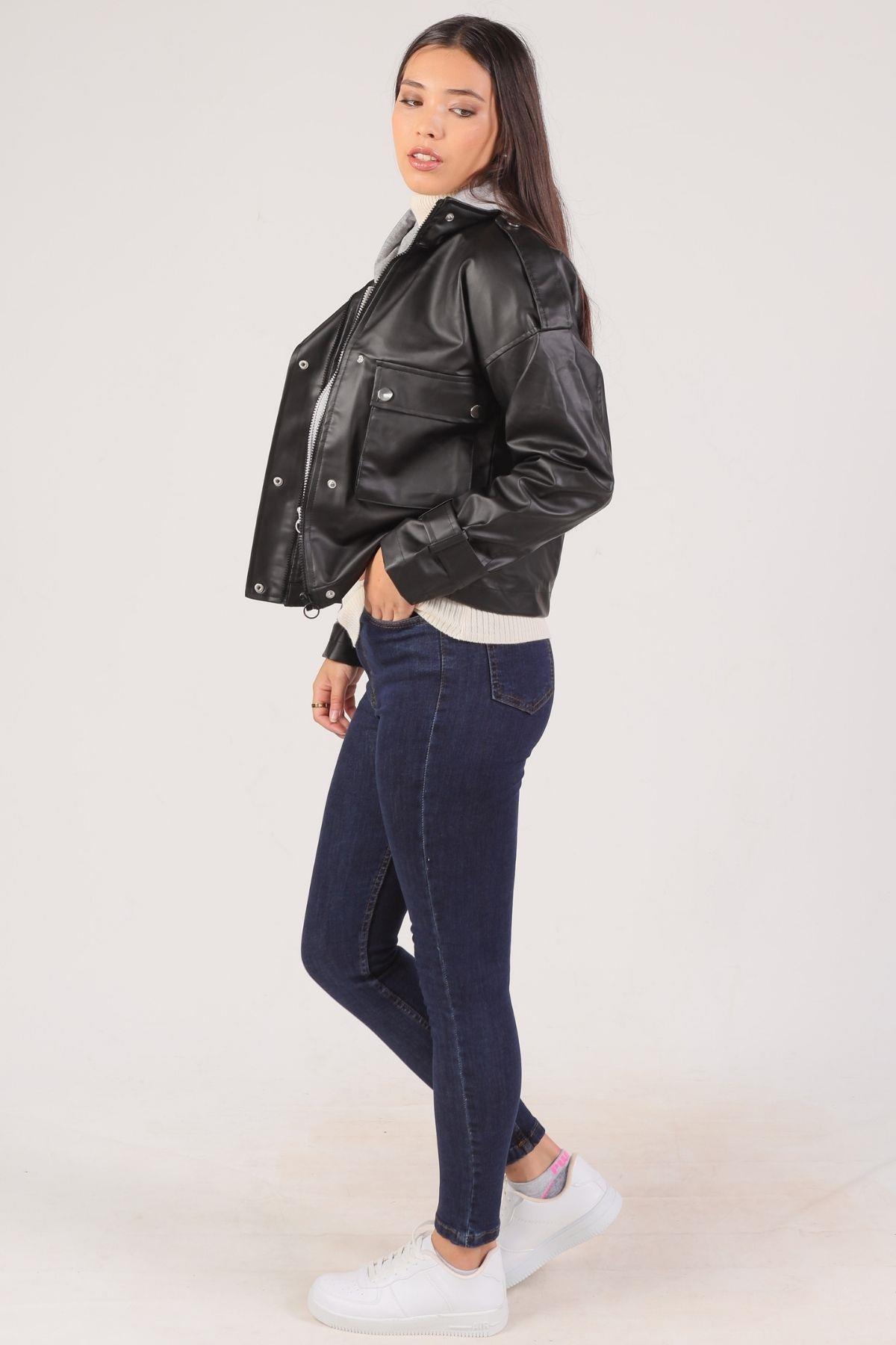 Siyah Kapüşonlu Deri Ceket 3022 - 5