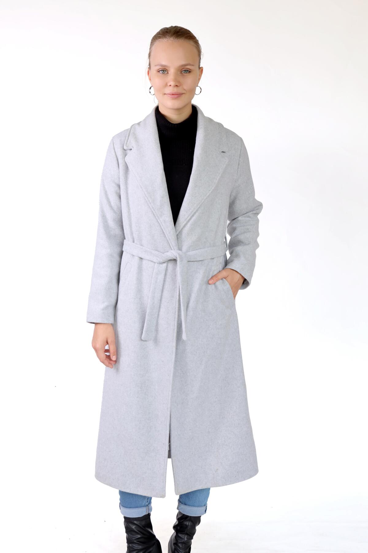 3022A Şal Yaka Vatkalı Kaban Gri - 3