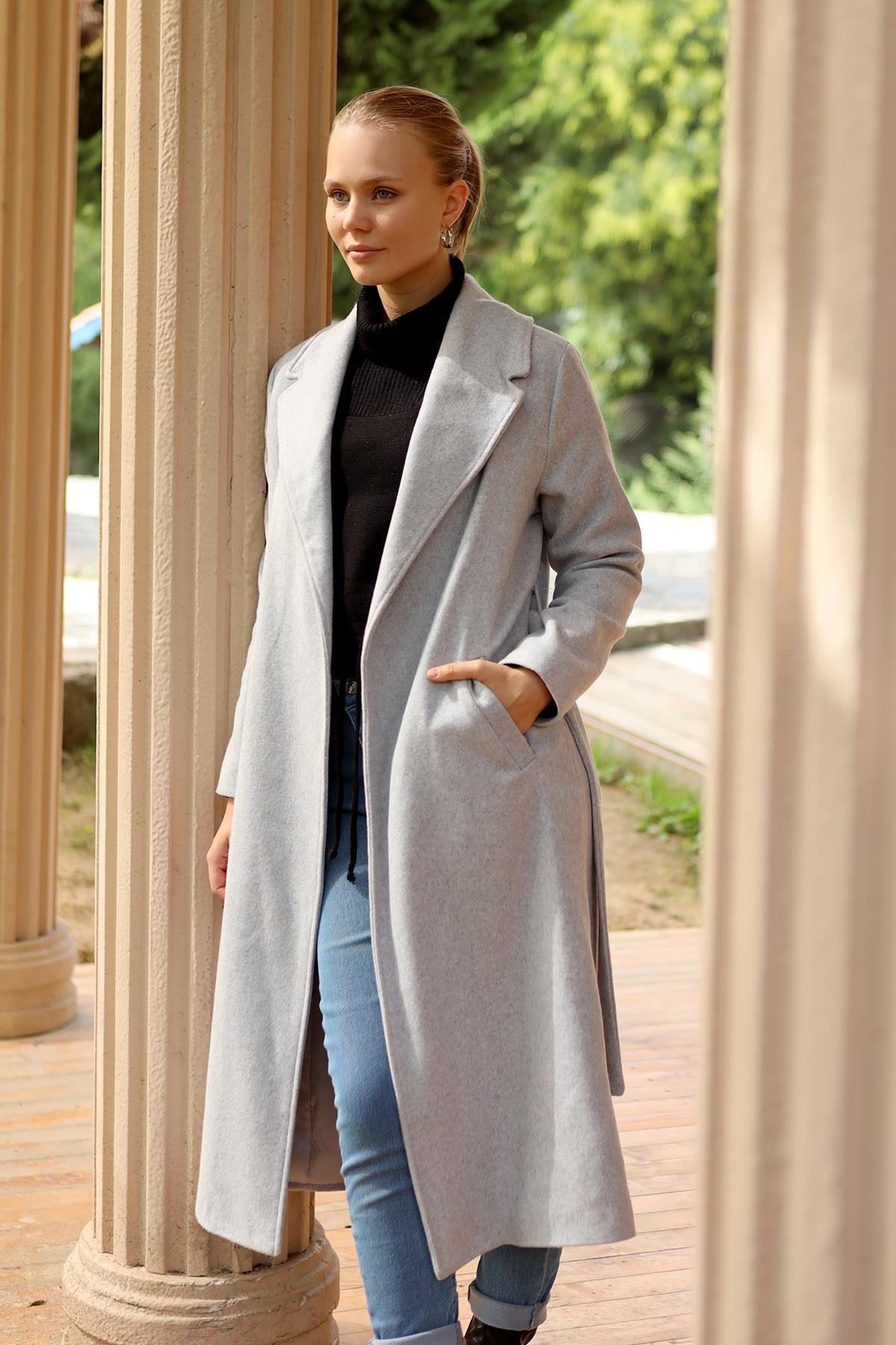 3022A Şal Yaka Vatkalı Kaban Gri - 1