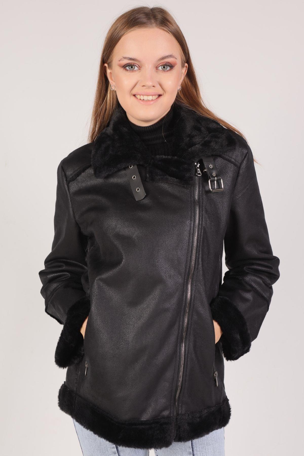 3023 Kol Yaka Kürk Detay Mont Siyah 