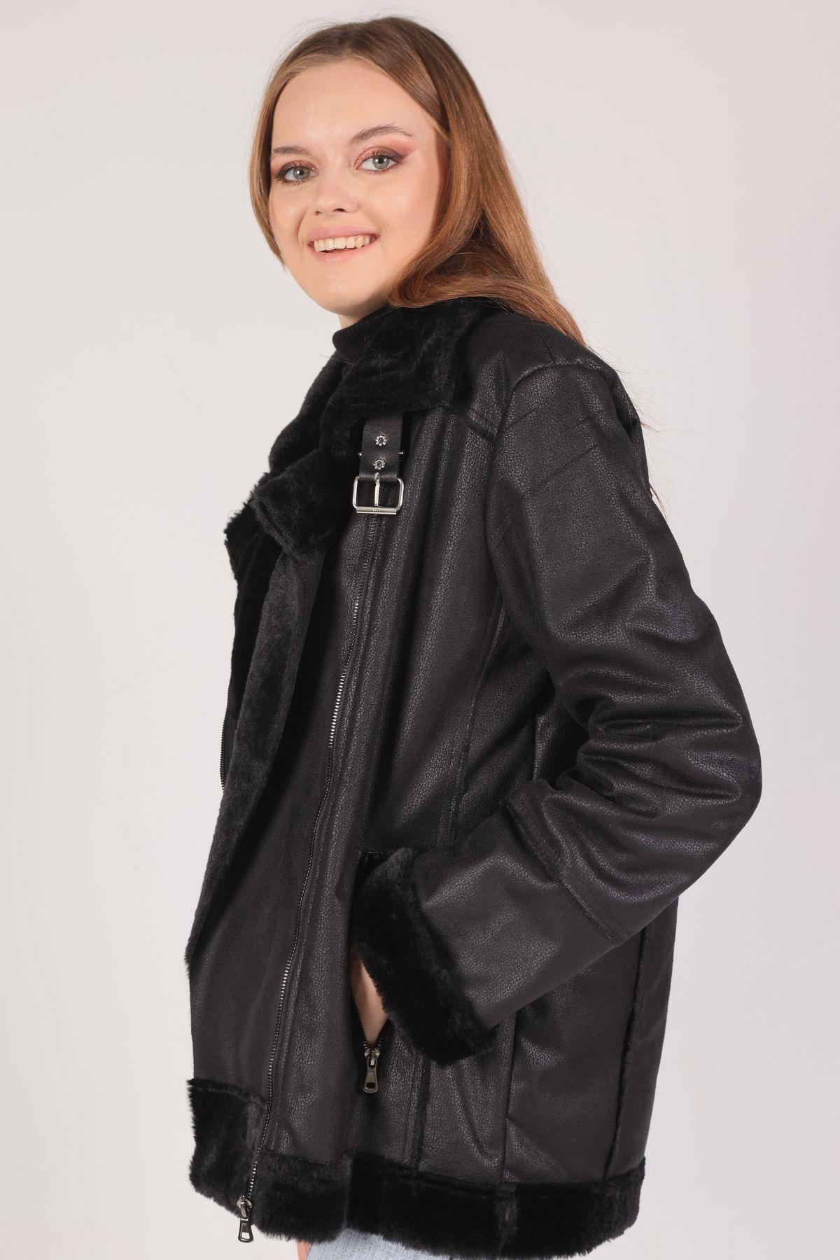 Siyah Kol Yaka Kürk Detay Mont 3023 - 2