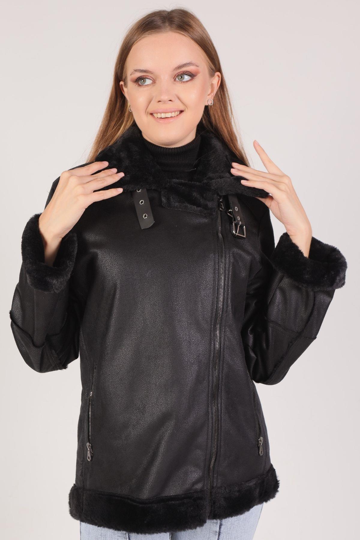 Siyah Kol Yaka Kürk Detay Mont 3023 - 3