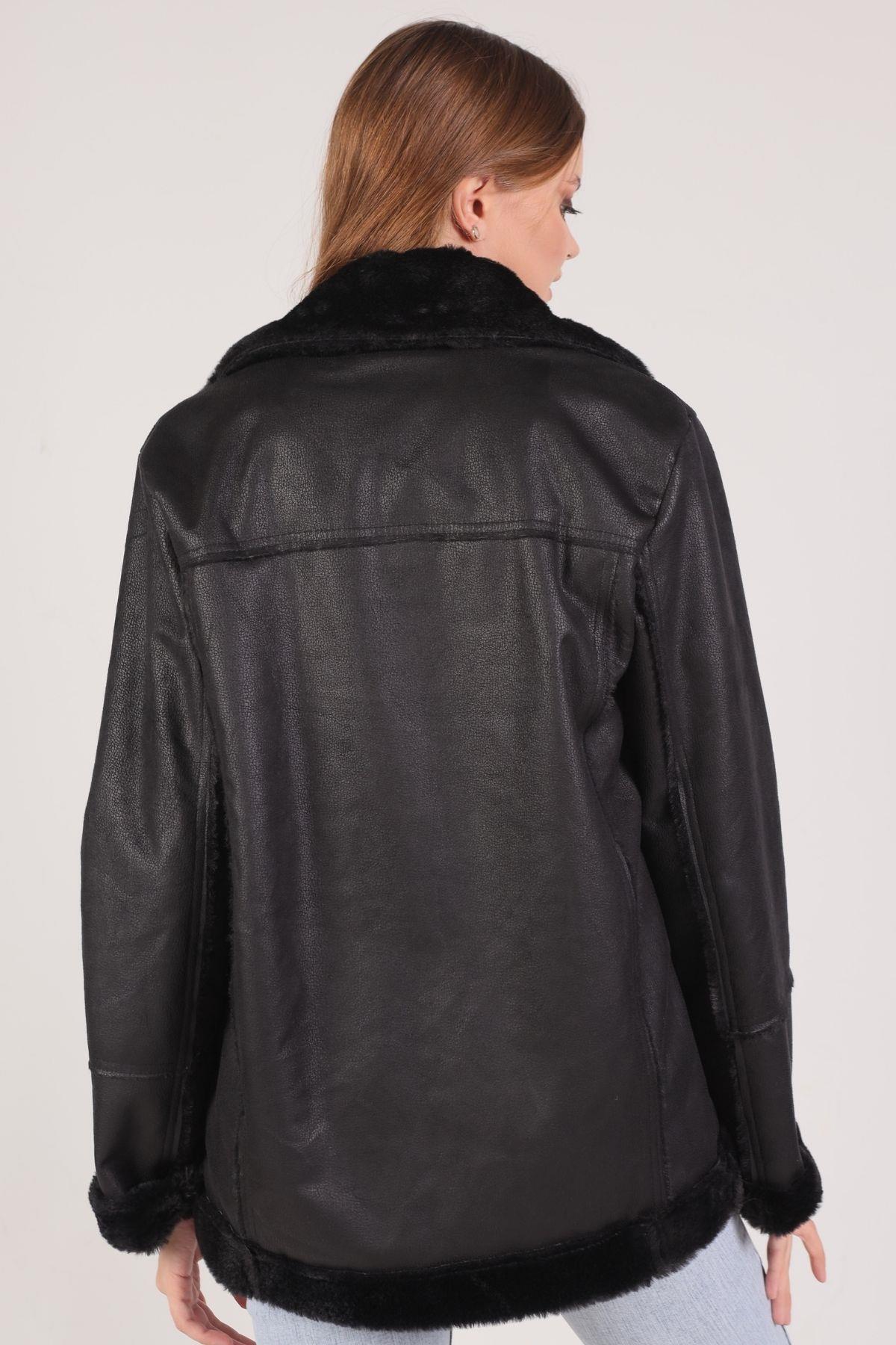 Siyah Kol Yaka Kürk Detay Mont 3023 - 4