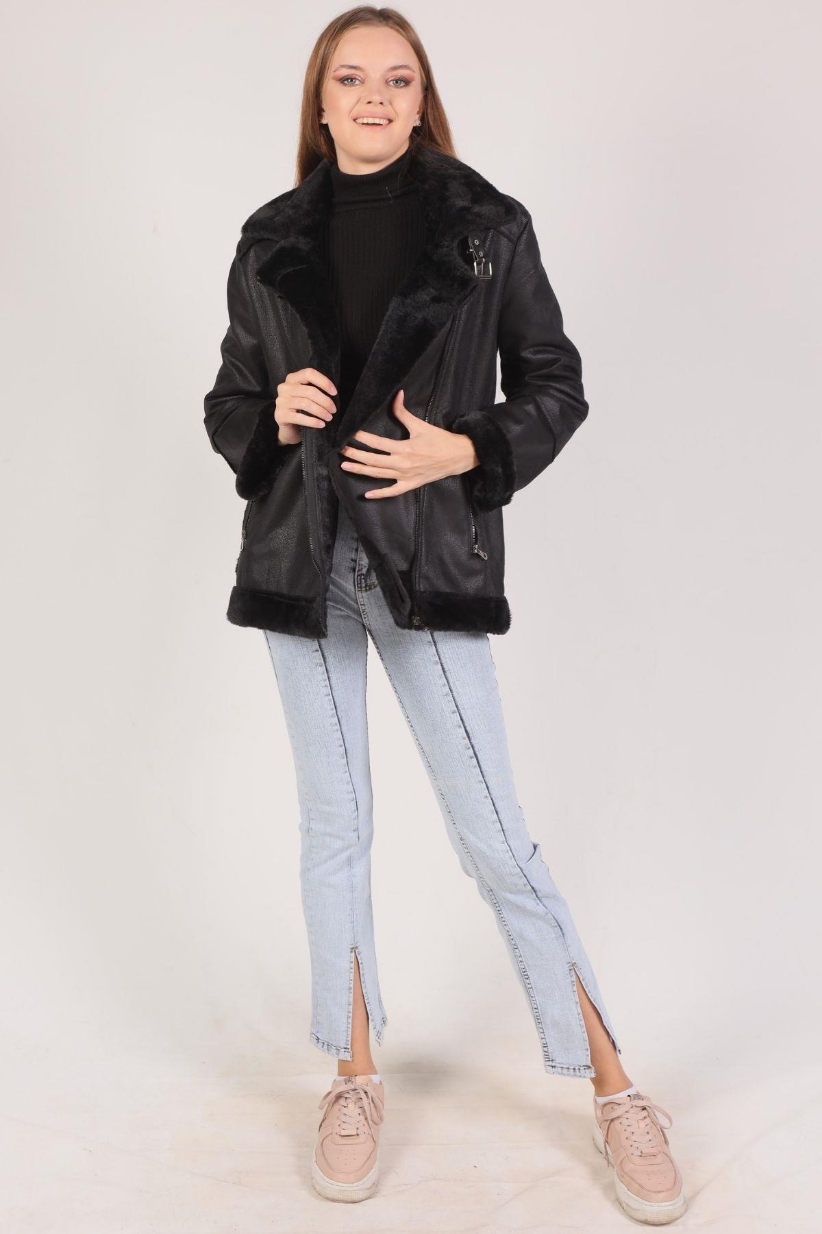 Siyah Kol Yaka Kürk Detay Mont 3023 - 5