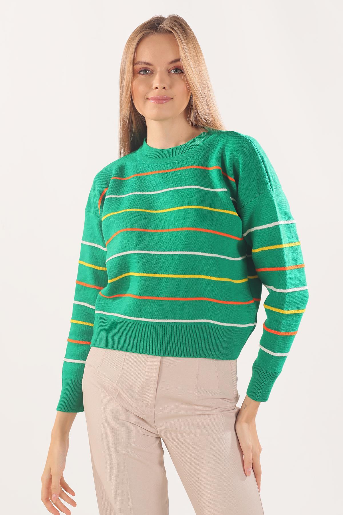 Renkli Çizgili Kazak 3024 Benetton Yeşili 