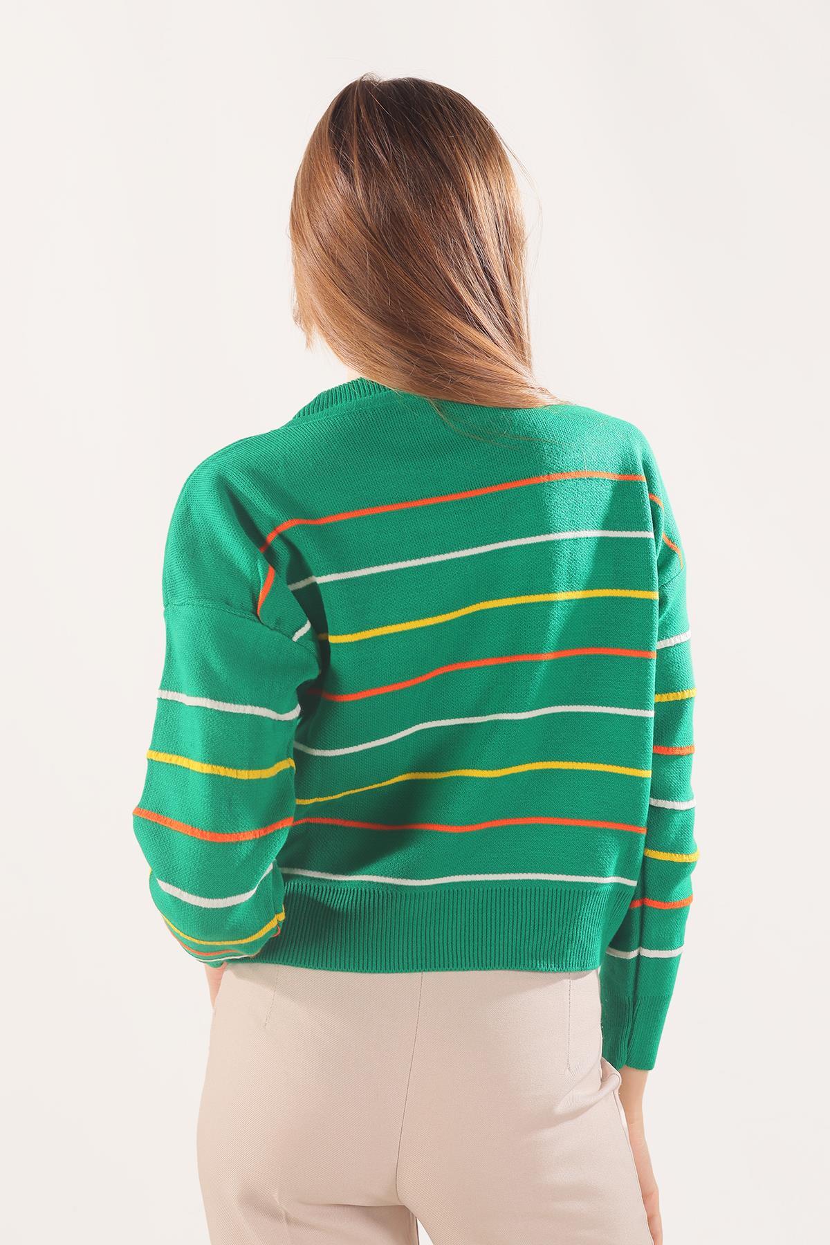 Benetton Yeşili Renkli Çizgili Kazak 3024 - 3