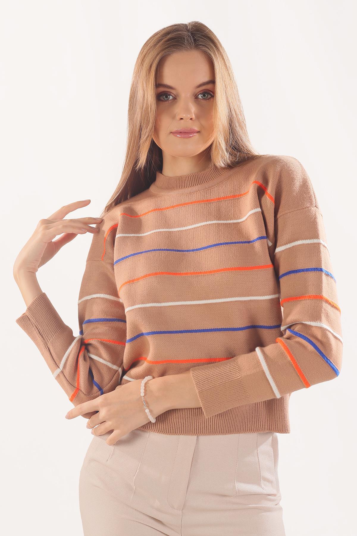 3024 Renkli Çizgili Kazak Camel - 1