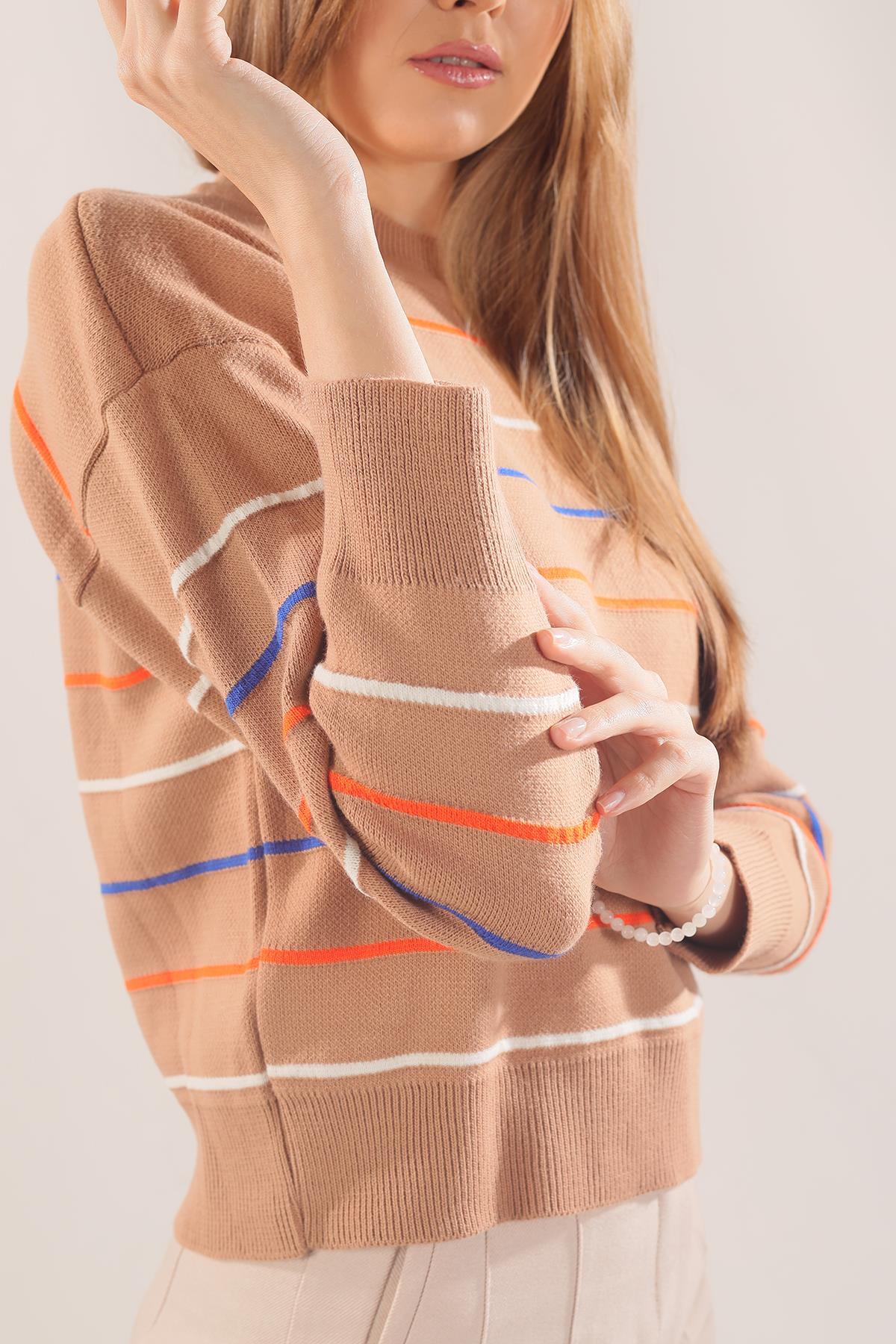 3024 Renkli Çizgili Kazak Camel - 4