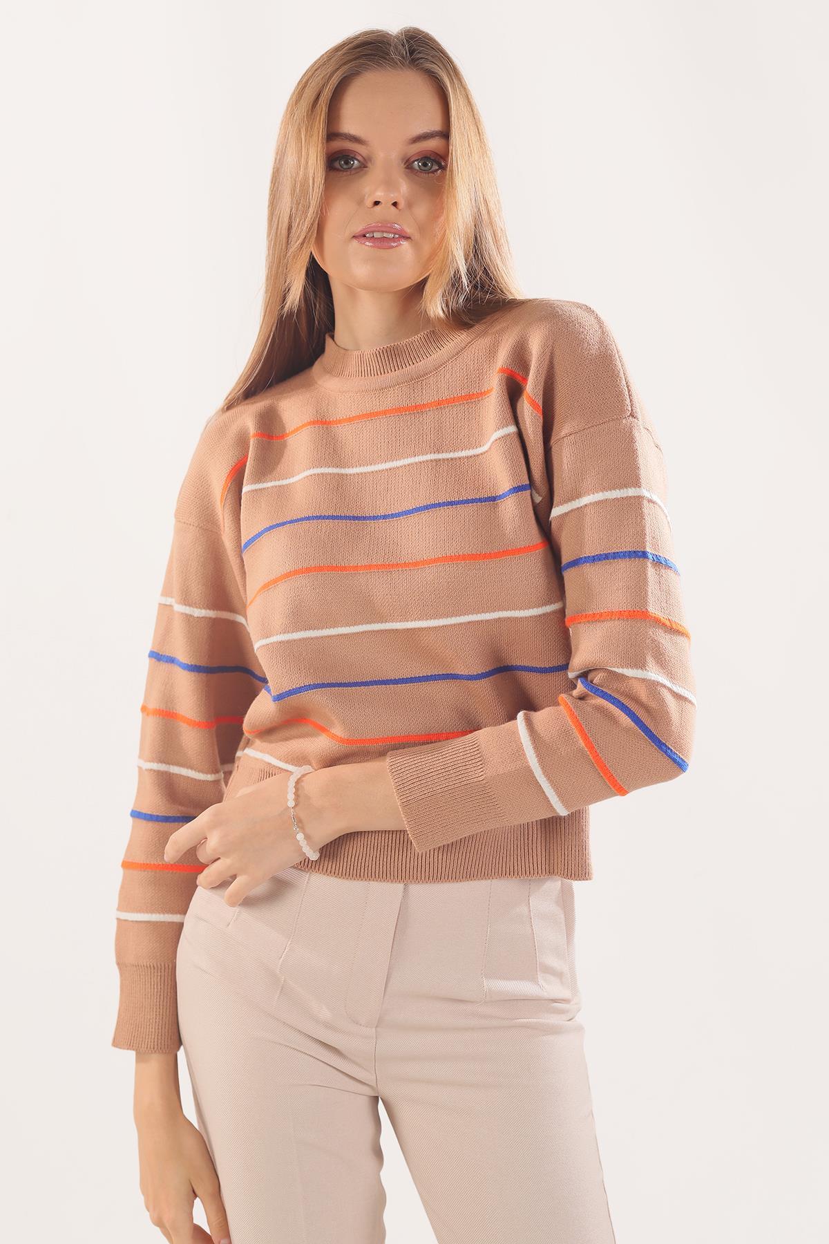 3024 Renkli Çizgili Kazak Camel - 2