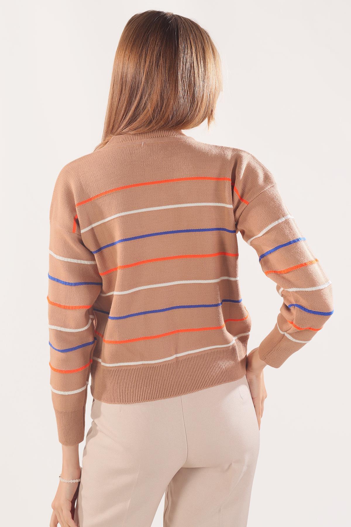 Camel Renkli Çizgili Kazak 3024 - 3
