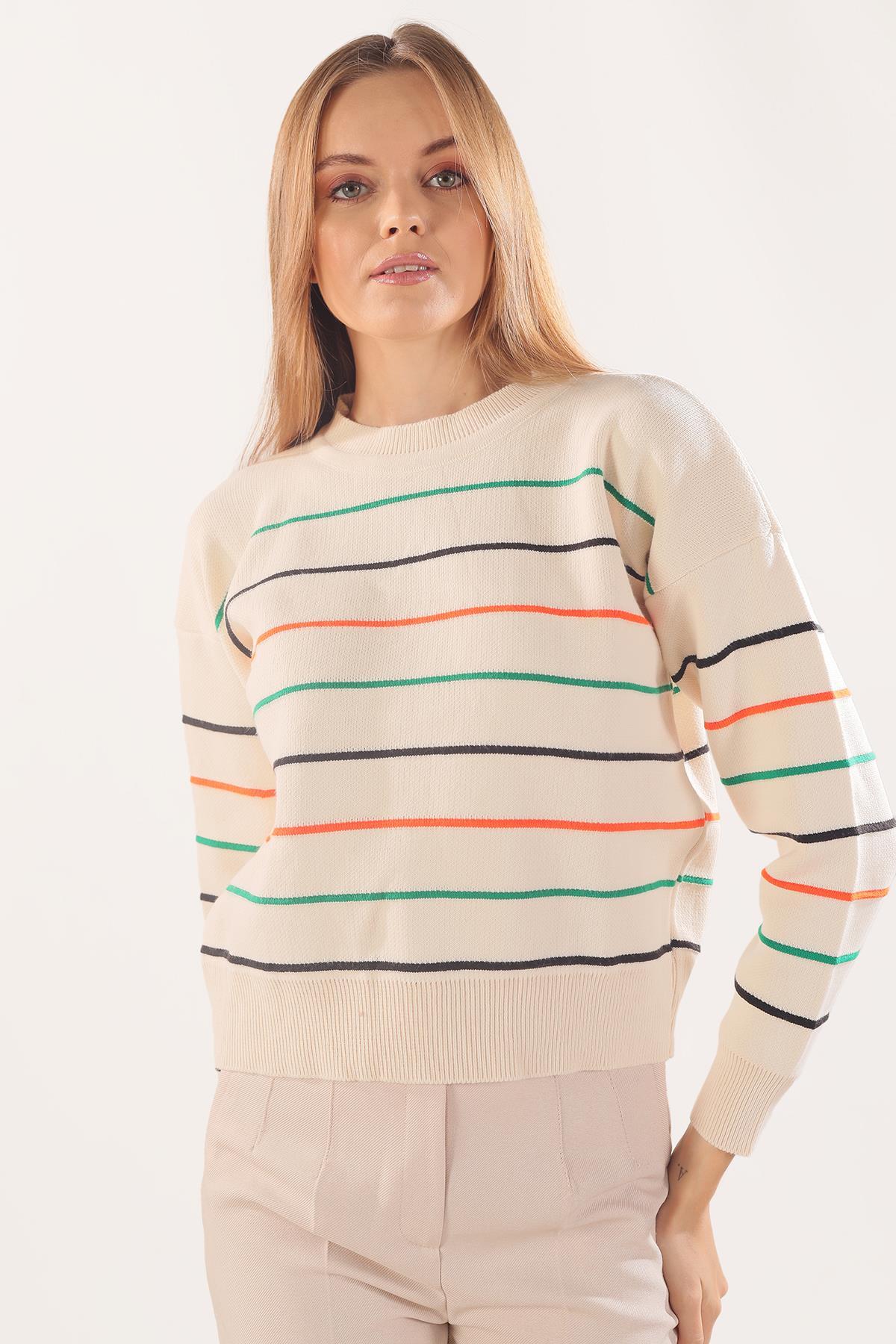 3024 Renkli Çizgili Kazak Ekru - 2