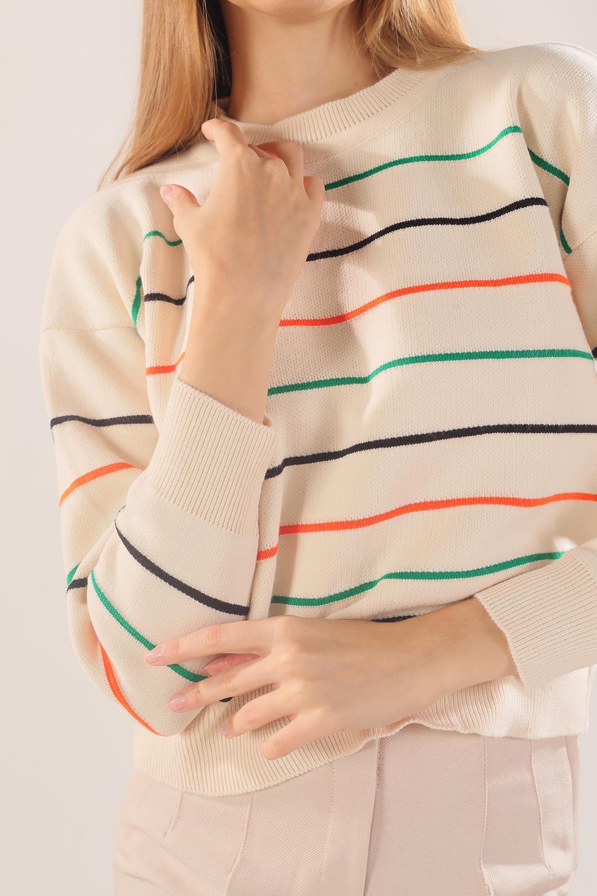 3024 Renkli Çizgili Kazak Ekru - 3