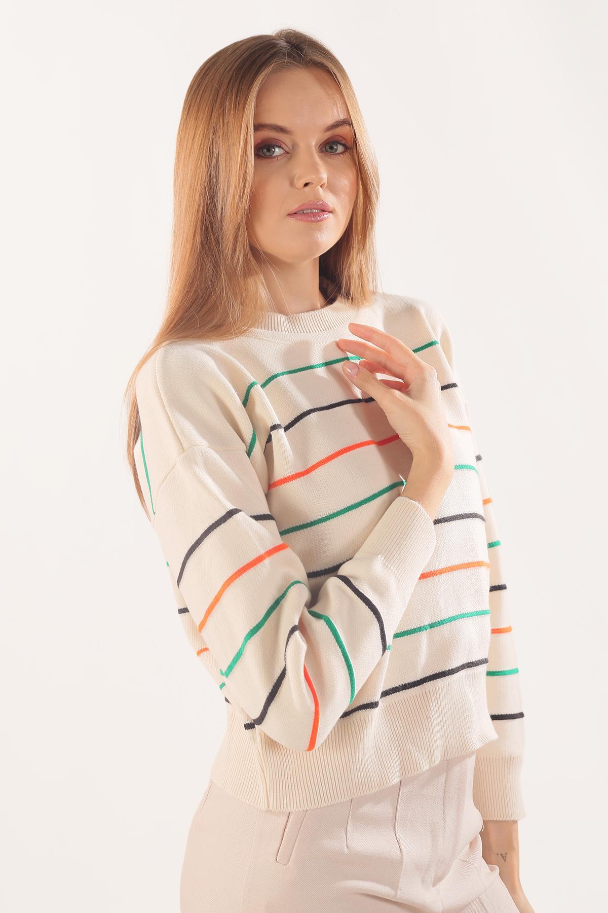 3024 Renkli Çizgili Kazak Ekru - 4