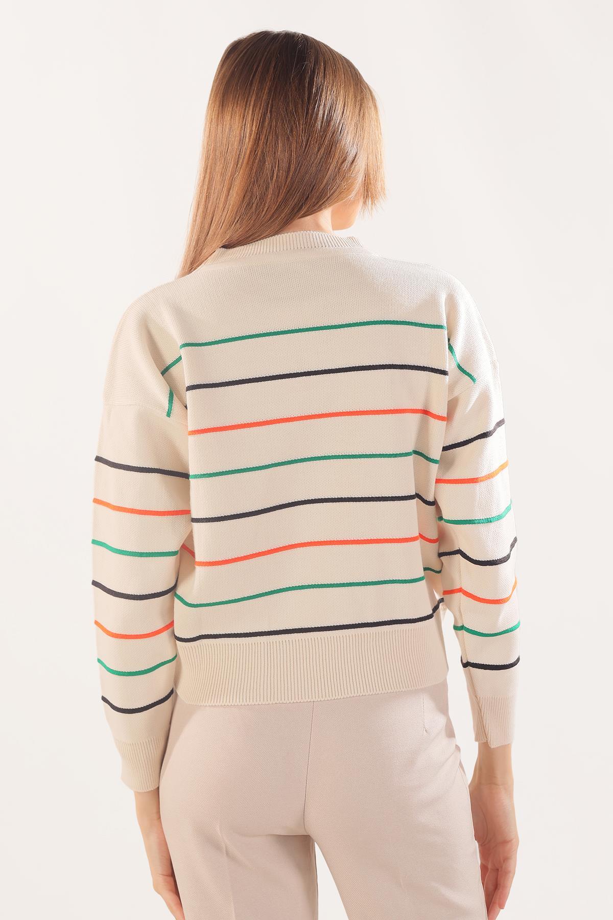 3024 Renkli Çizgili Kazak Ekru - 6