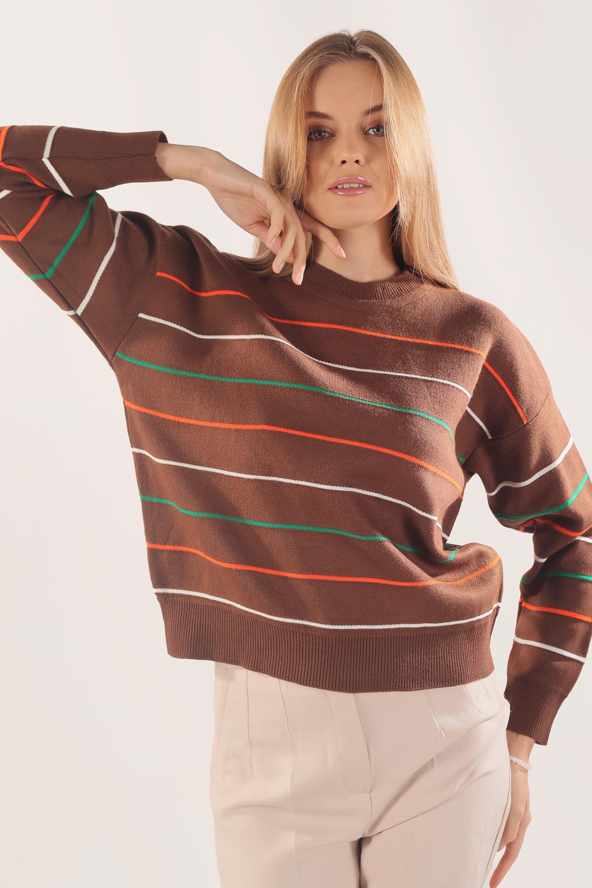 3024 Renkli Çizgili Kazak Kahve - 2