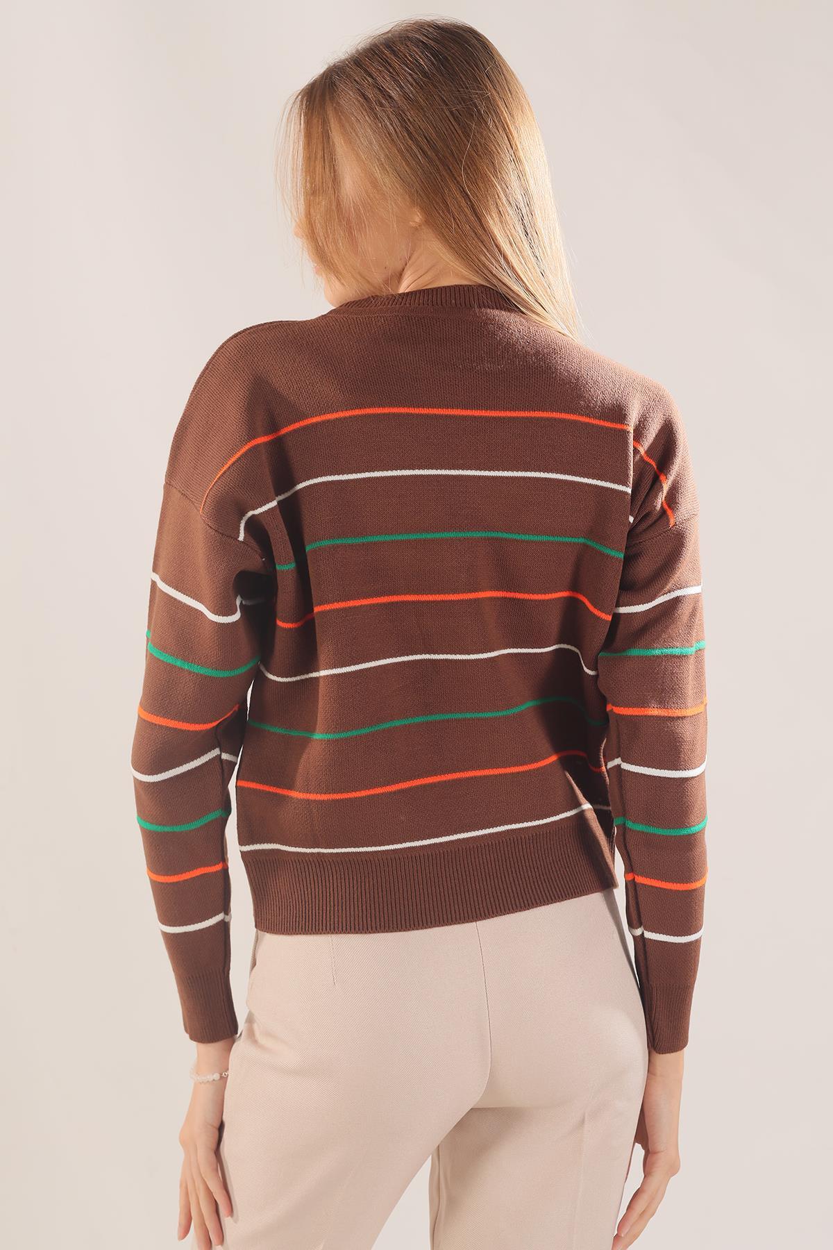 3024 Renkli Çizgili Kazak Kahve - 4