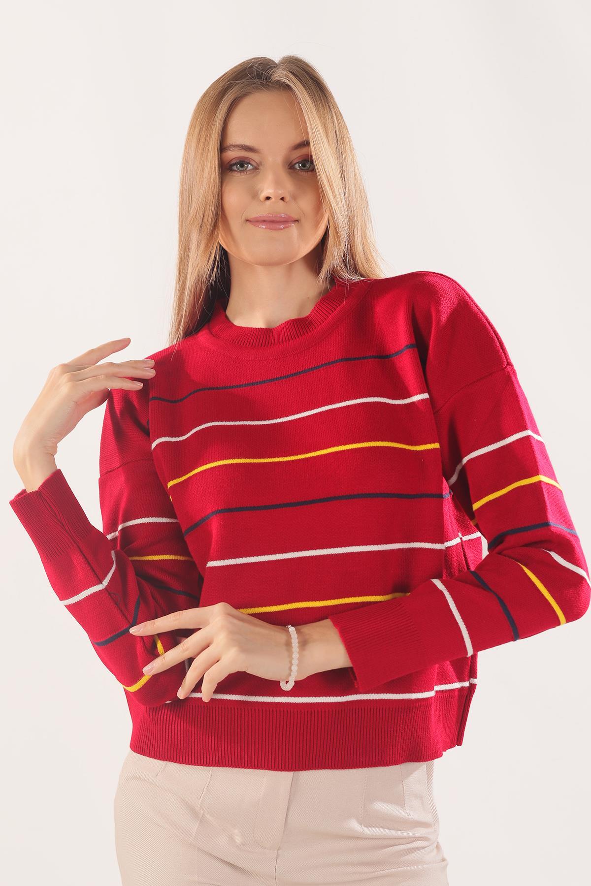 3024 Renkli Çizgili Kazak Kırmızı - 1