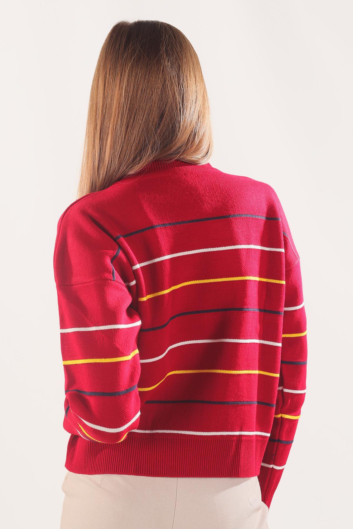 Kırmızı Renkli Çizgili Kazak 3024 - 3