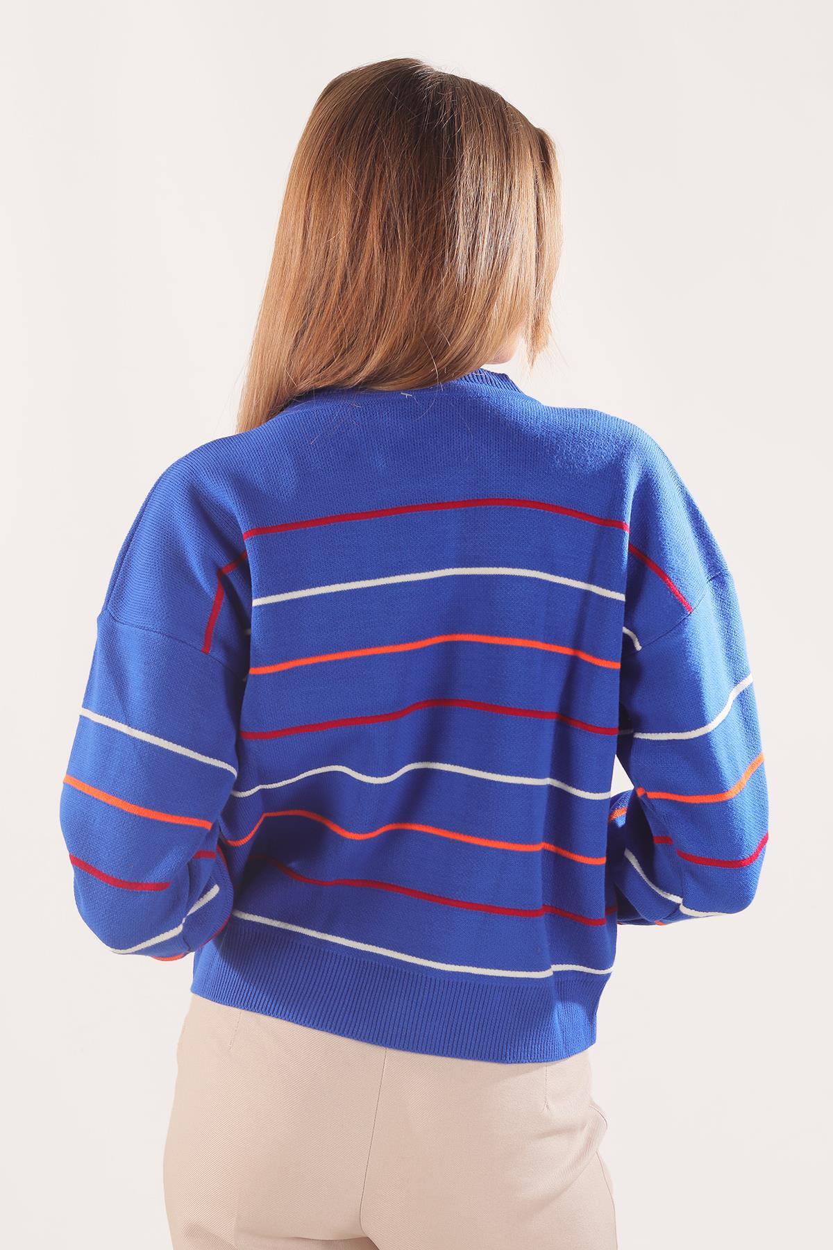 3024 Renkli Çizgili Kazak Saks - 5