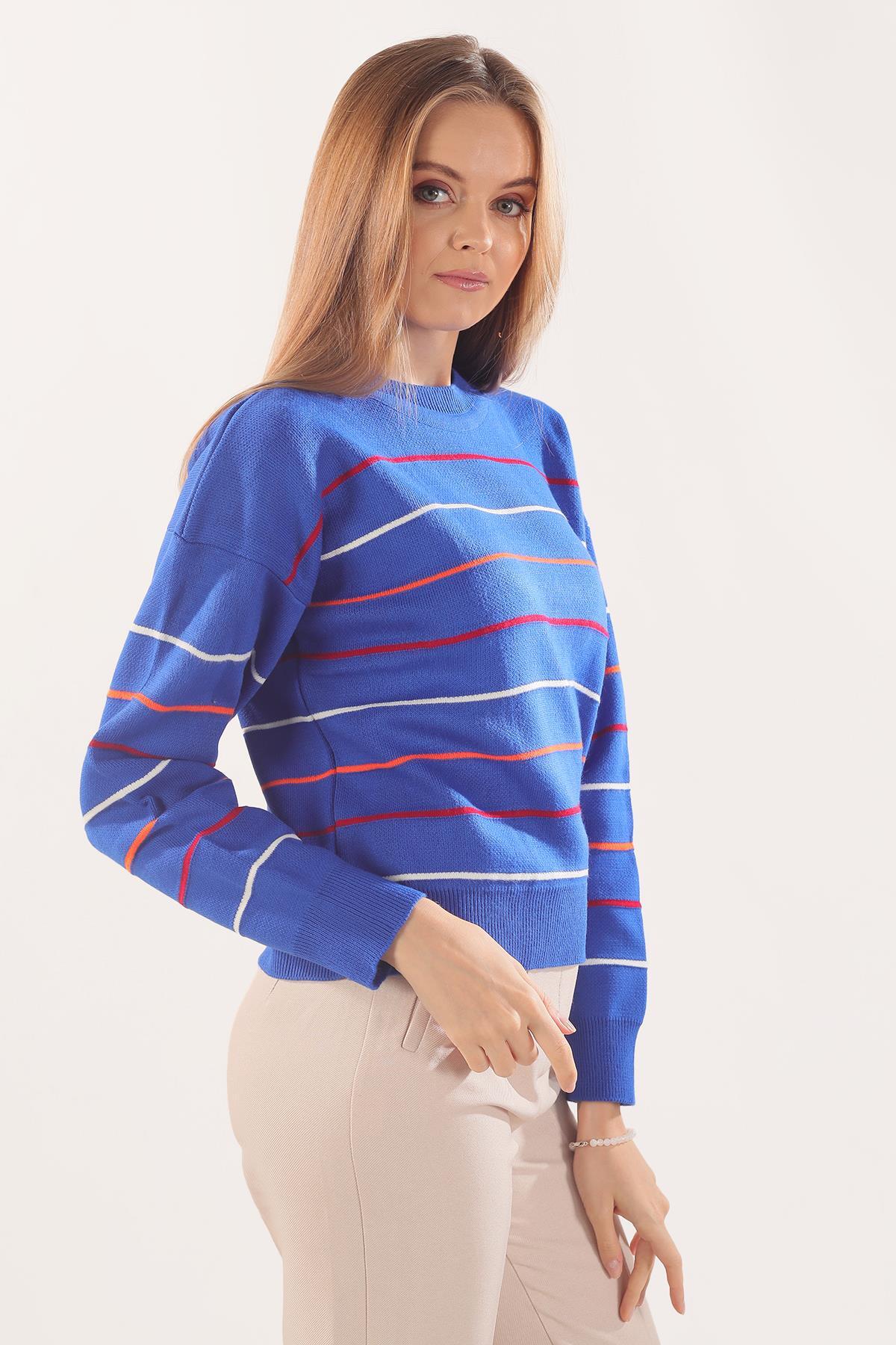 Saks Renkli Çizgili Kazak 3024 - 3