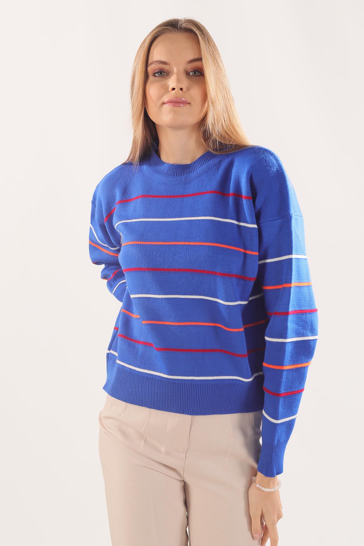 Saks Renkli Çizgili Kazak 3024 