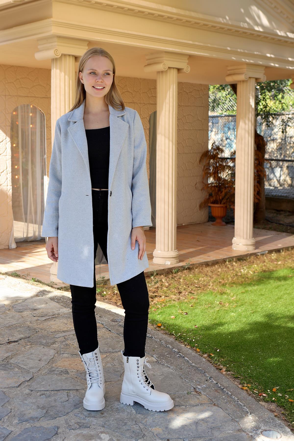 3024A Tek Düğme Klasik Kaşe Kaban Gri - 2