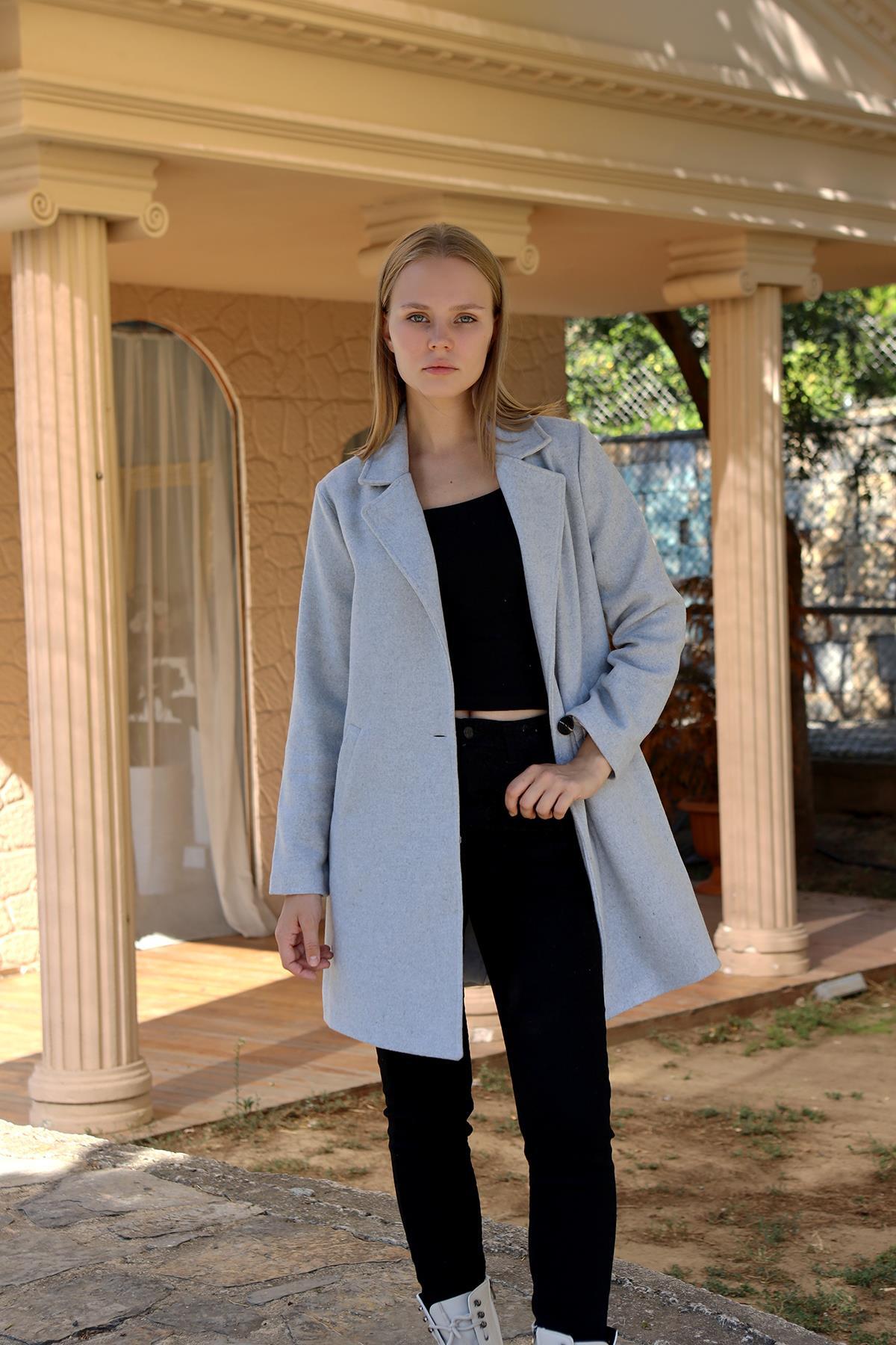 Gri Tek Düğme Klasik Kaşe Kaban 3024A 