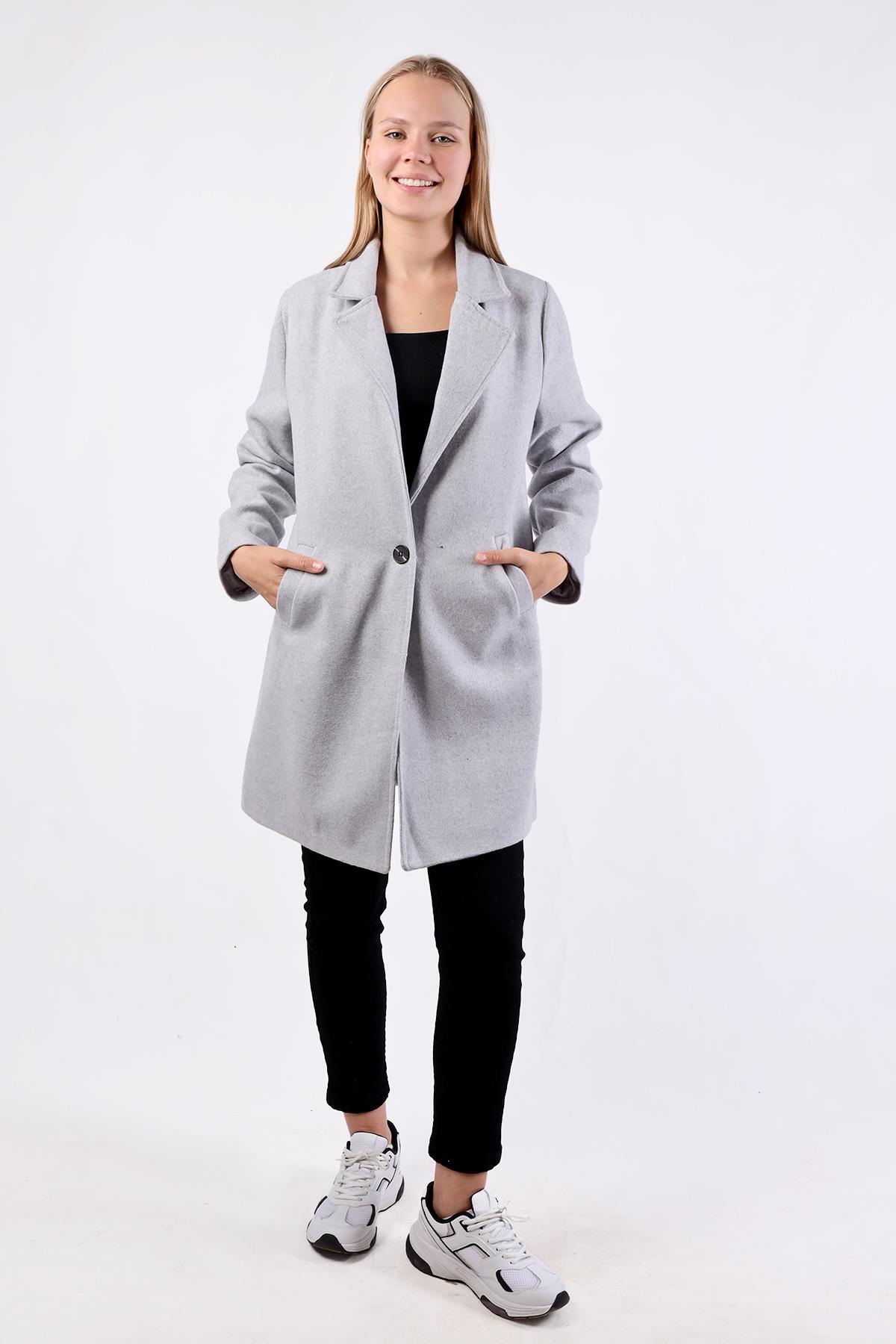 Gri Tek Düğme Klasik Kaşe Kaban 3024A - 5