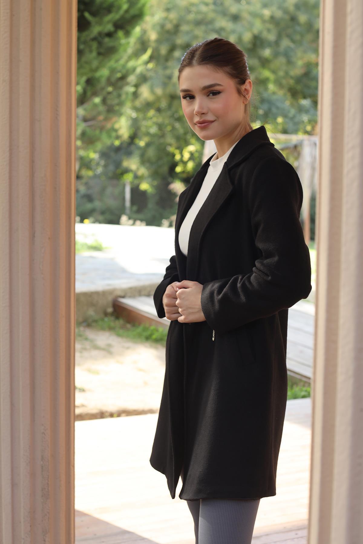 3024A Tek Düğme Klasik Kaşe Kaban Siyah - 3