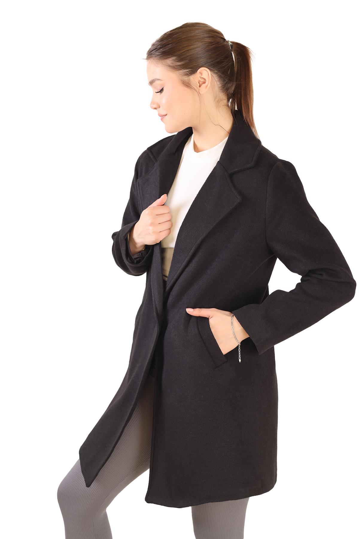3024A Tek Düğme Klasik Kaşe Kaban Siyah - 7