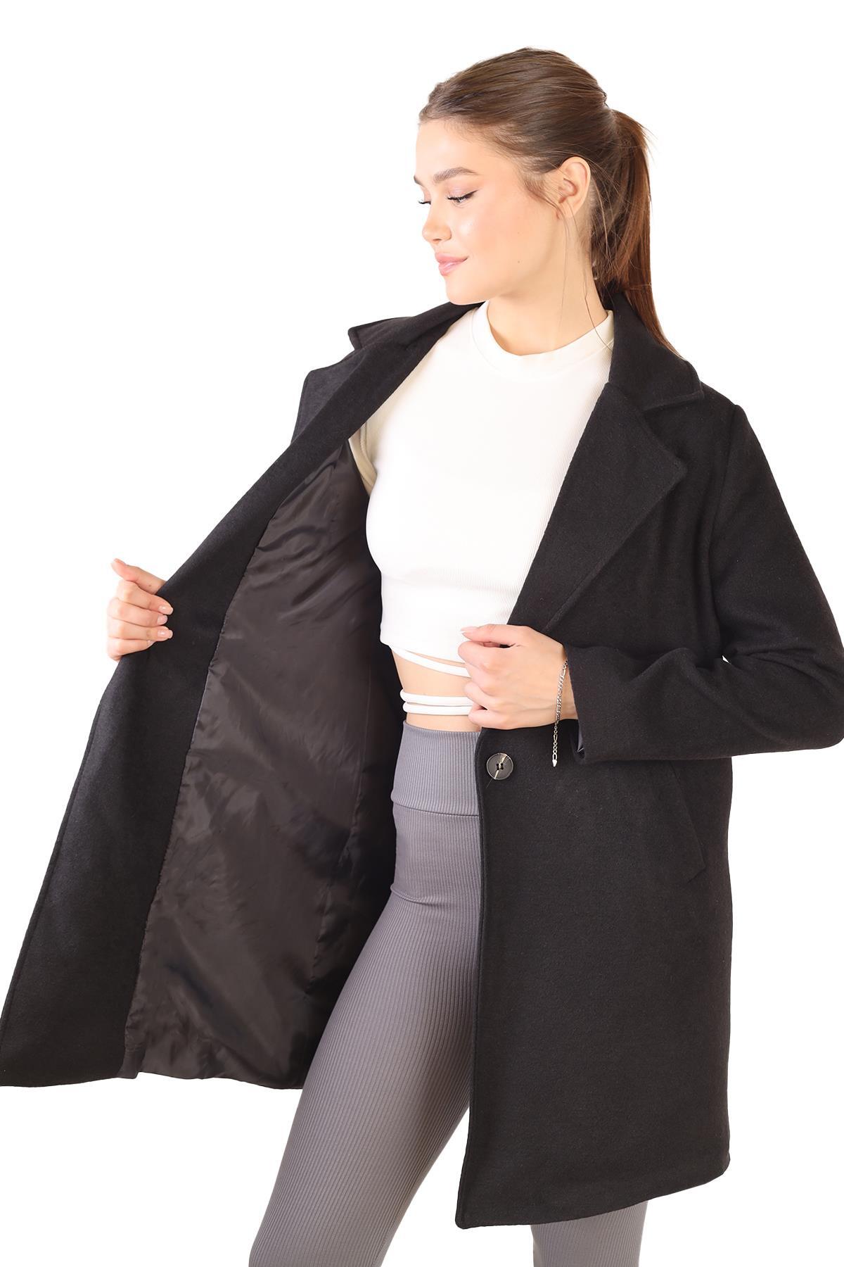 3024A Tek Düğme Klasik Kaşe Kaban Siyah - 8