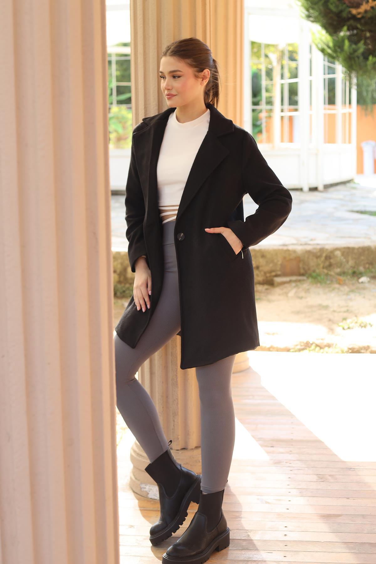 3024A Tek Düğme Klasik Kaşe Kaban Siyah 