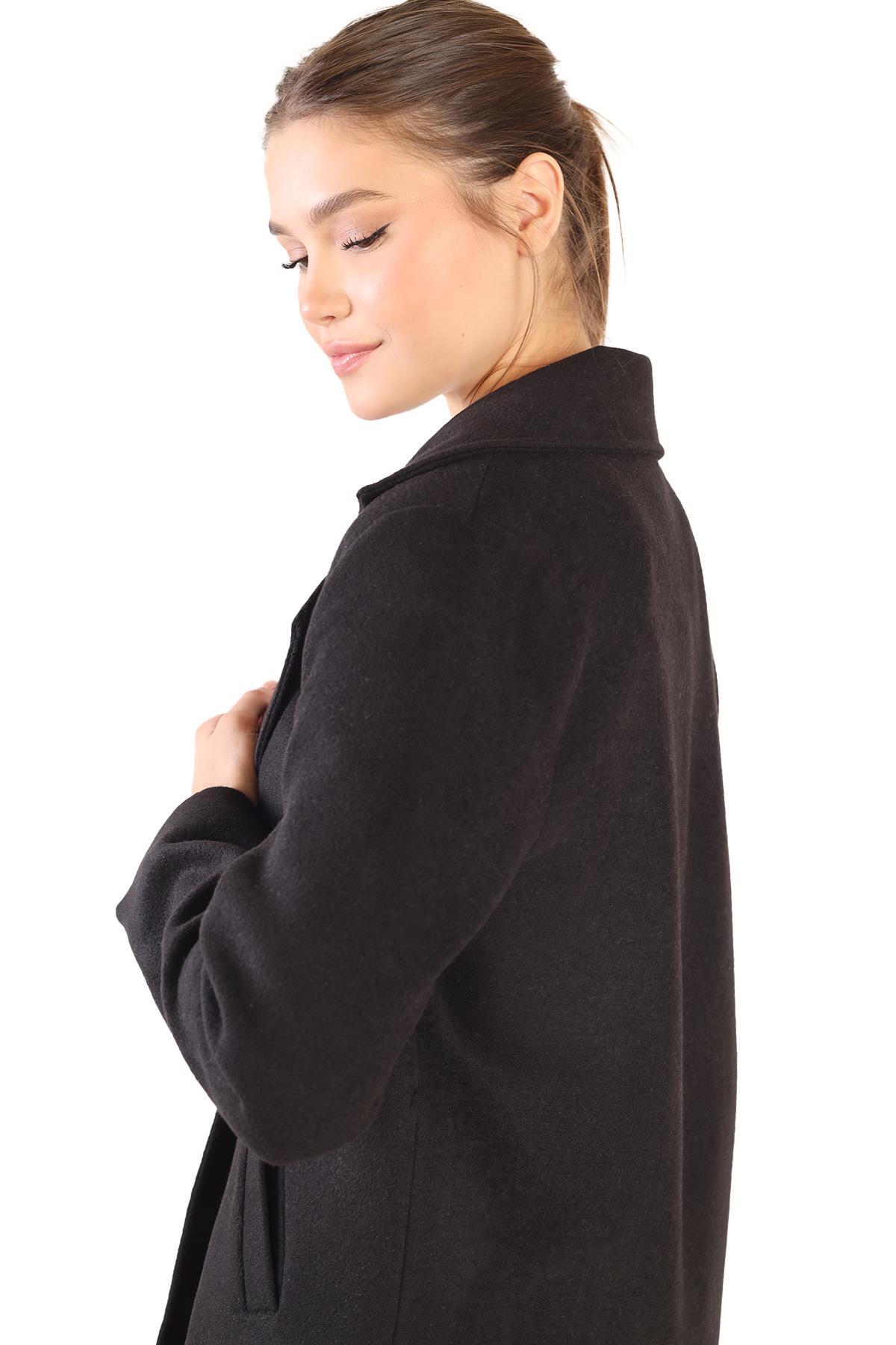 3024A Tek Düğme Klasik Kaşe Kaban Siyah - 6