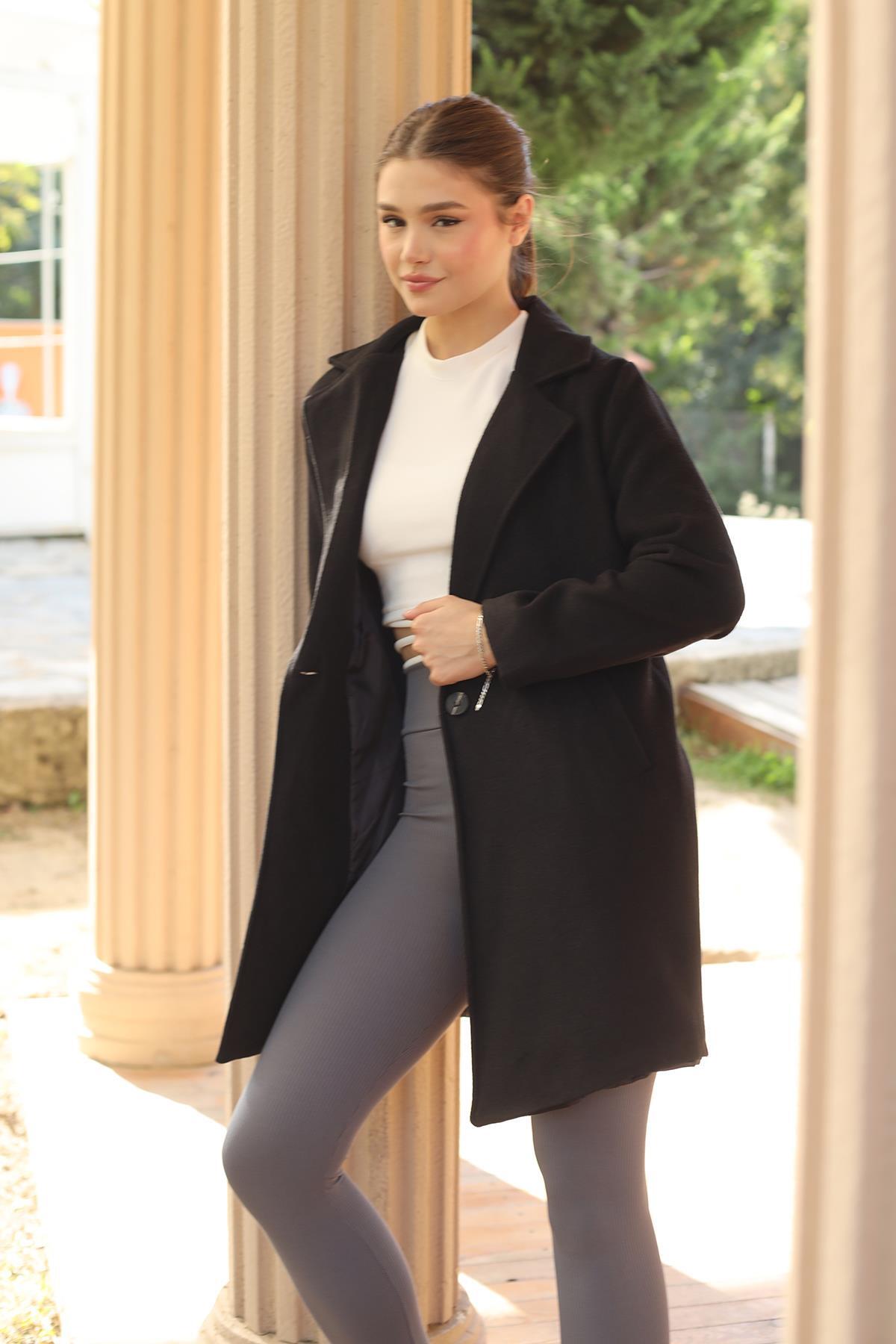 Siyah Tek Düğme Klasik Kaşe Kaban 3024A - 2