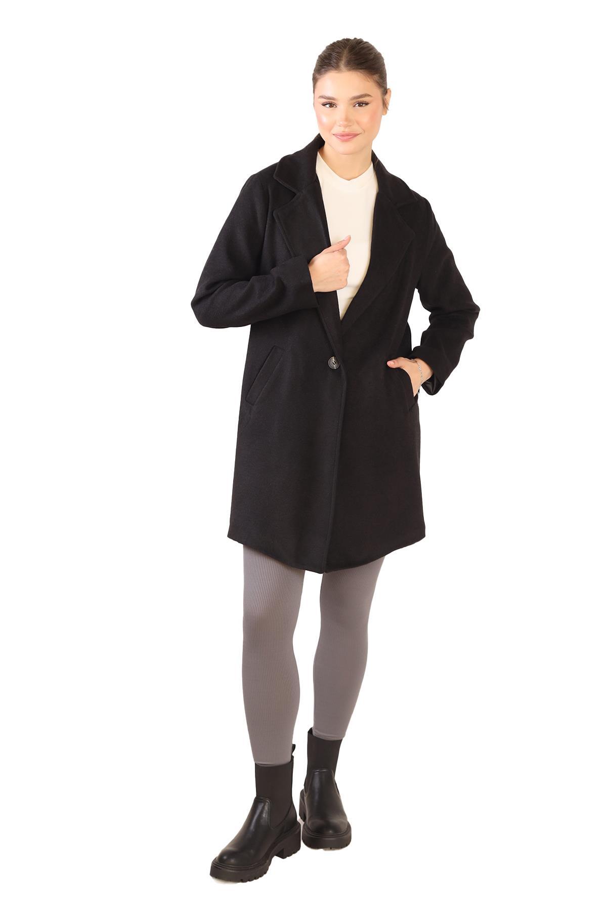 Siyah Tek Düğme Klasik Kaşe Kaban 3024A - 4