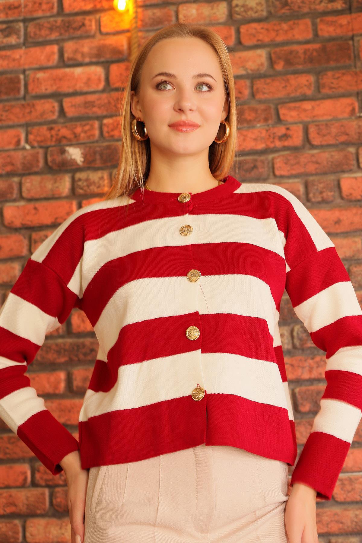 Bordo Düğmeli Çizgili Hırka 3025 - 2