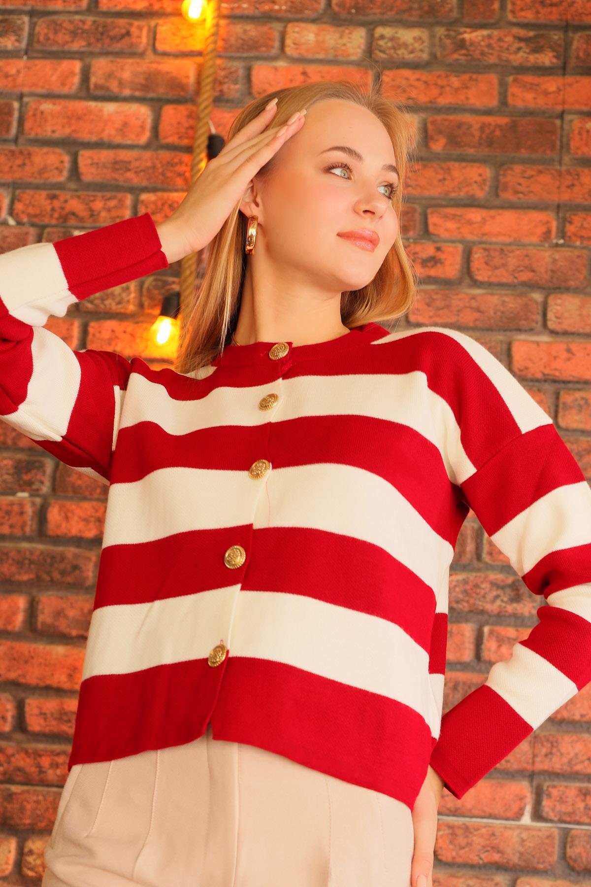 Bordo Düğmeli Çizgili Hırka 3025 - 3