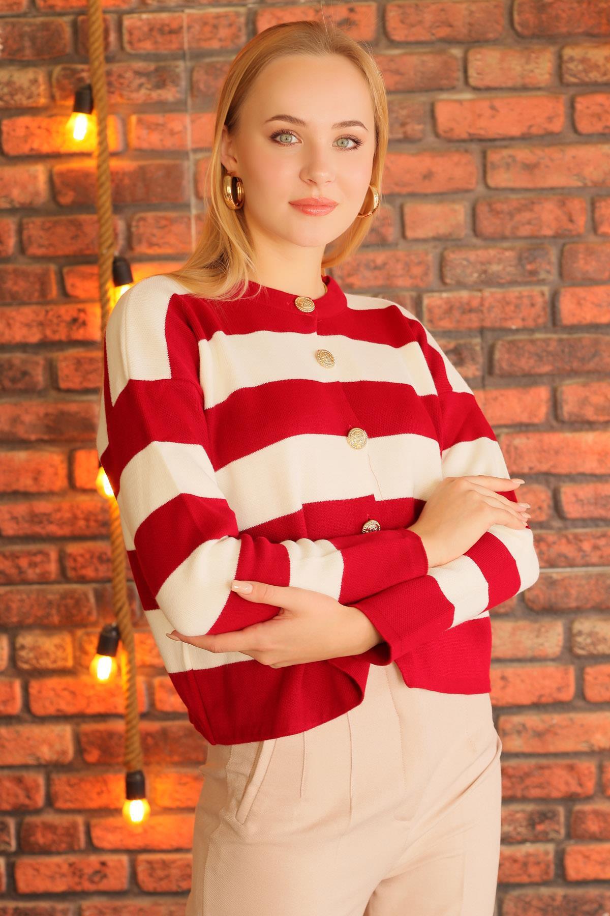 Bordo Düğmeli Çizgili Hırka 3025 - 5