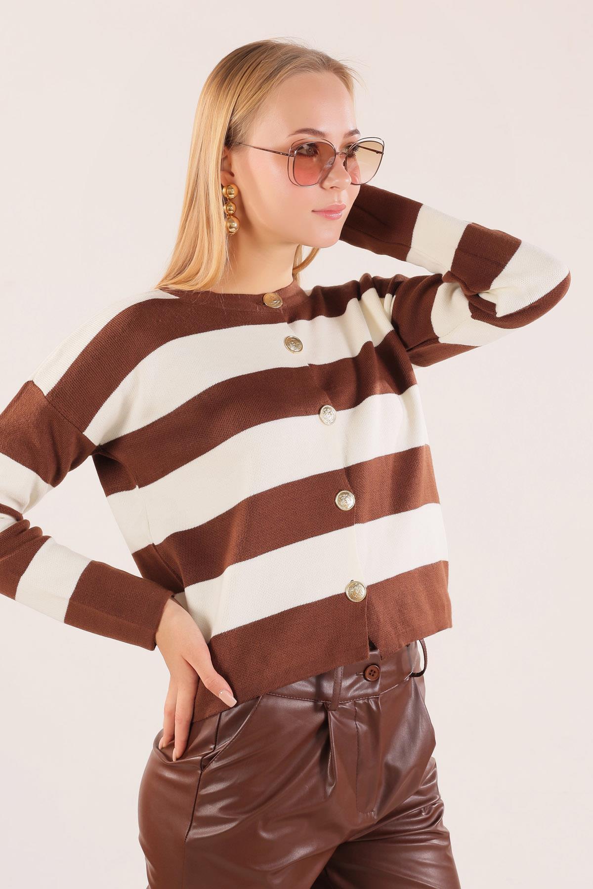 3025 Düğmeli Çizgili Hırka Kahve - 4
